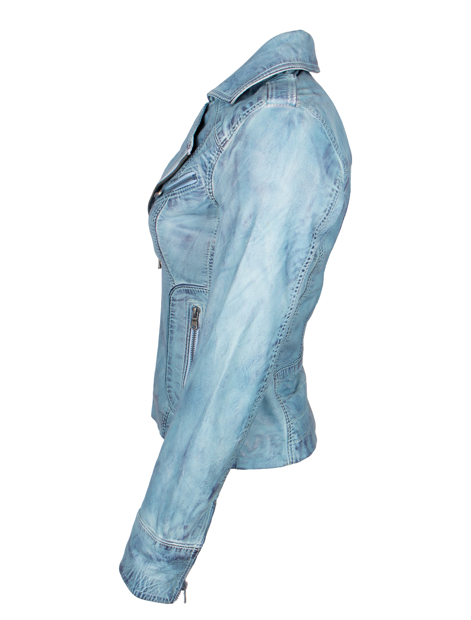 Kurze Damen Lederjacke in Jeans farben/ hellblau mit Umlegekragen - Zoia in crust blue