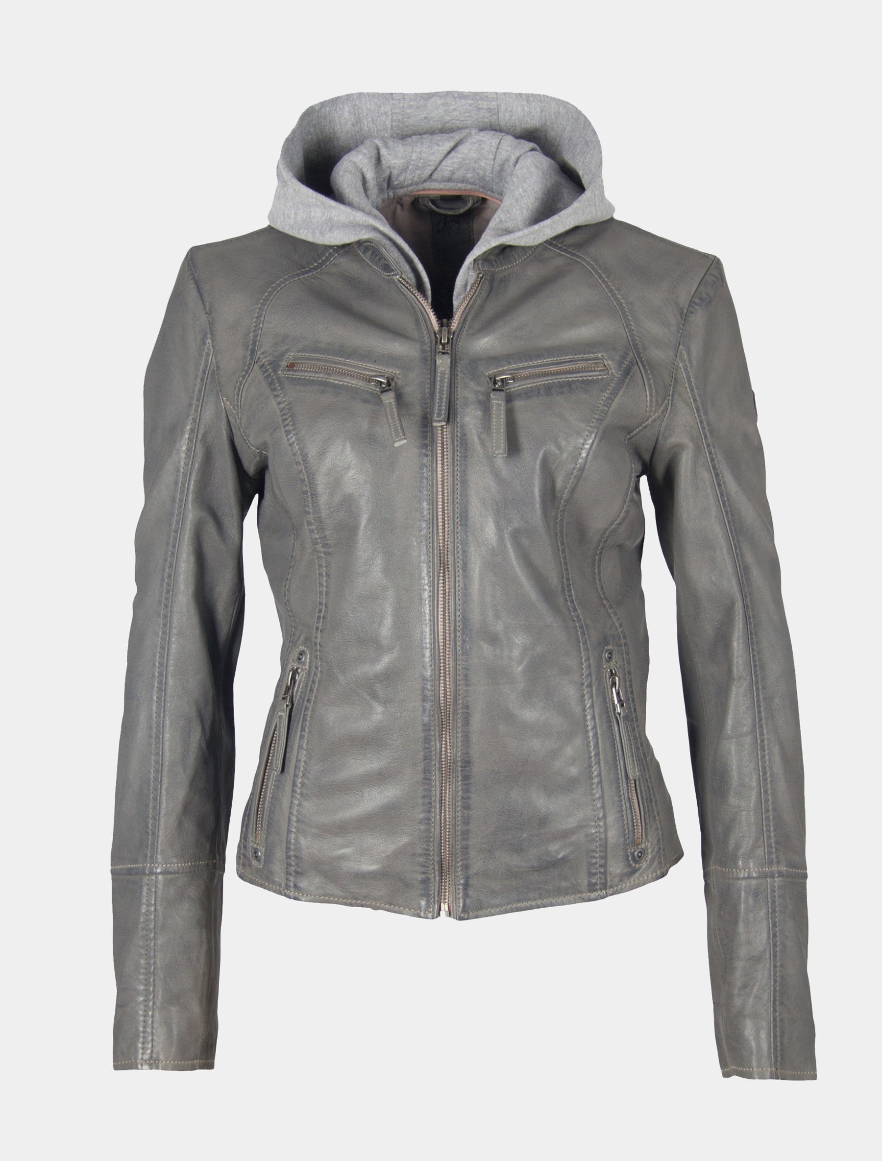 Damen Biker Lederjacke mit abnehmbarer Kapuze und Stehkragen - Nola 2 in grau