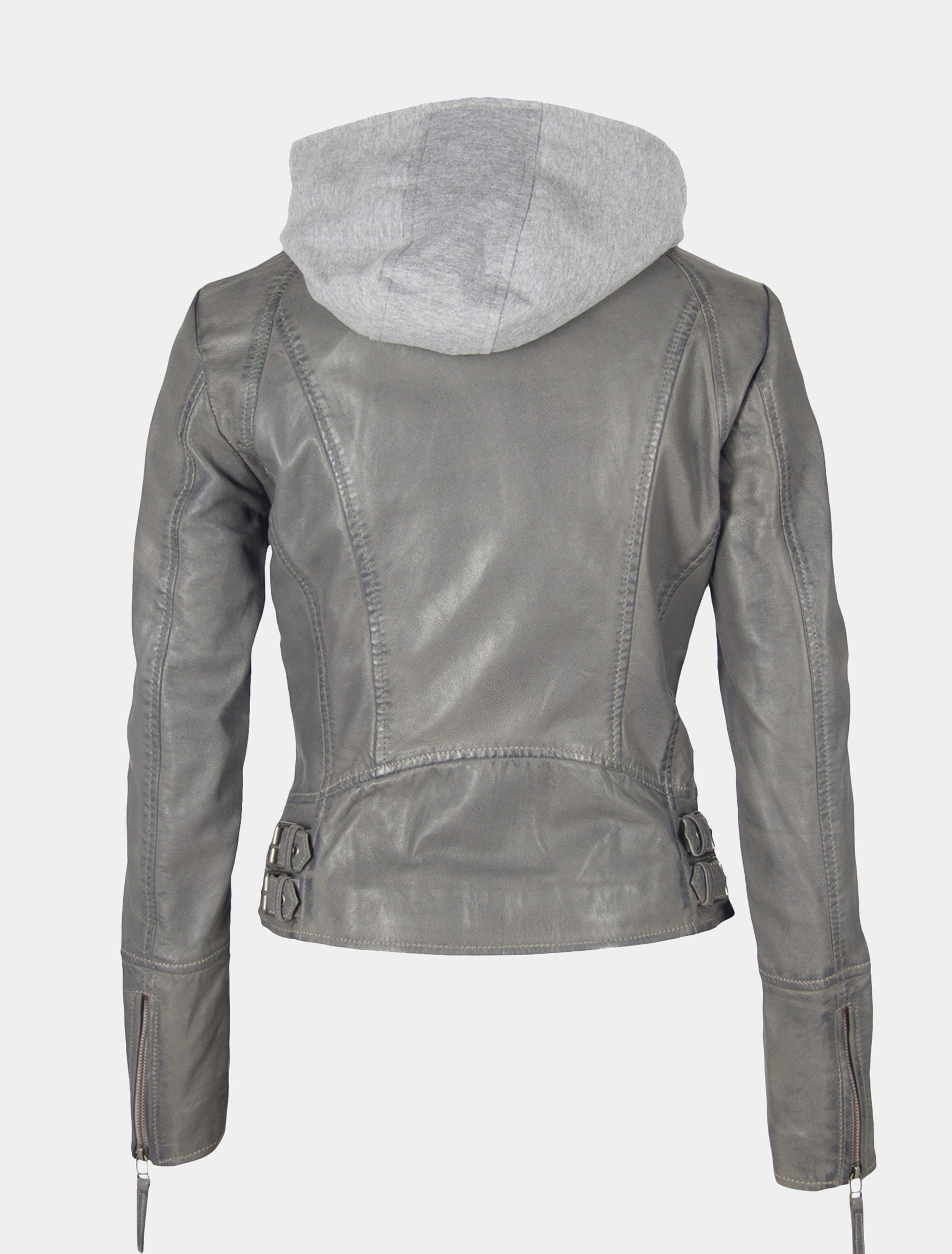 Damen Biker Lederjacke mit abnehmbarer Kapuze und Stehkragen - Nola 2 in grau