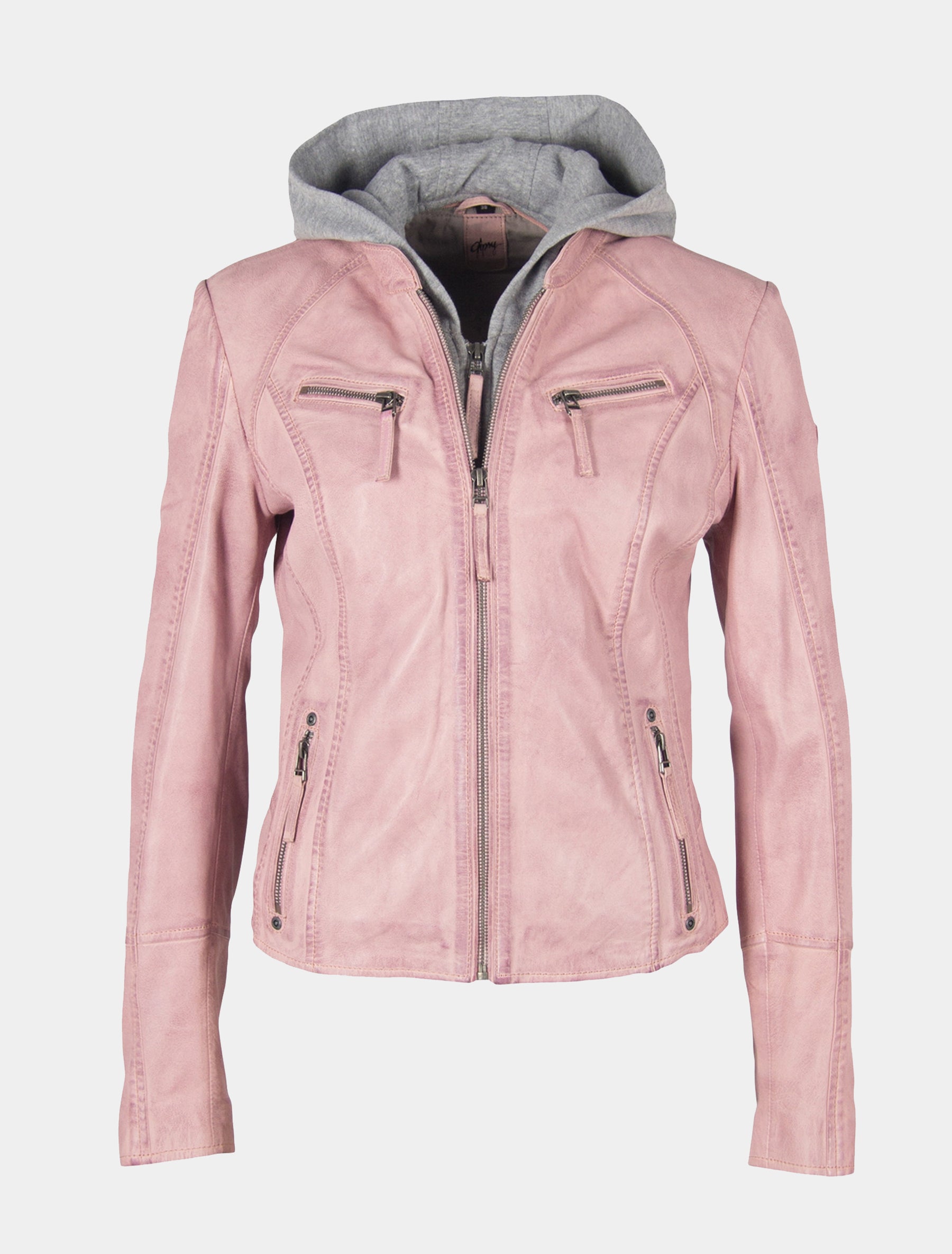 Damen Biker Lederjacke mit abnehmbarer Kapuze und Stehkragen - Nola 2 in pink