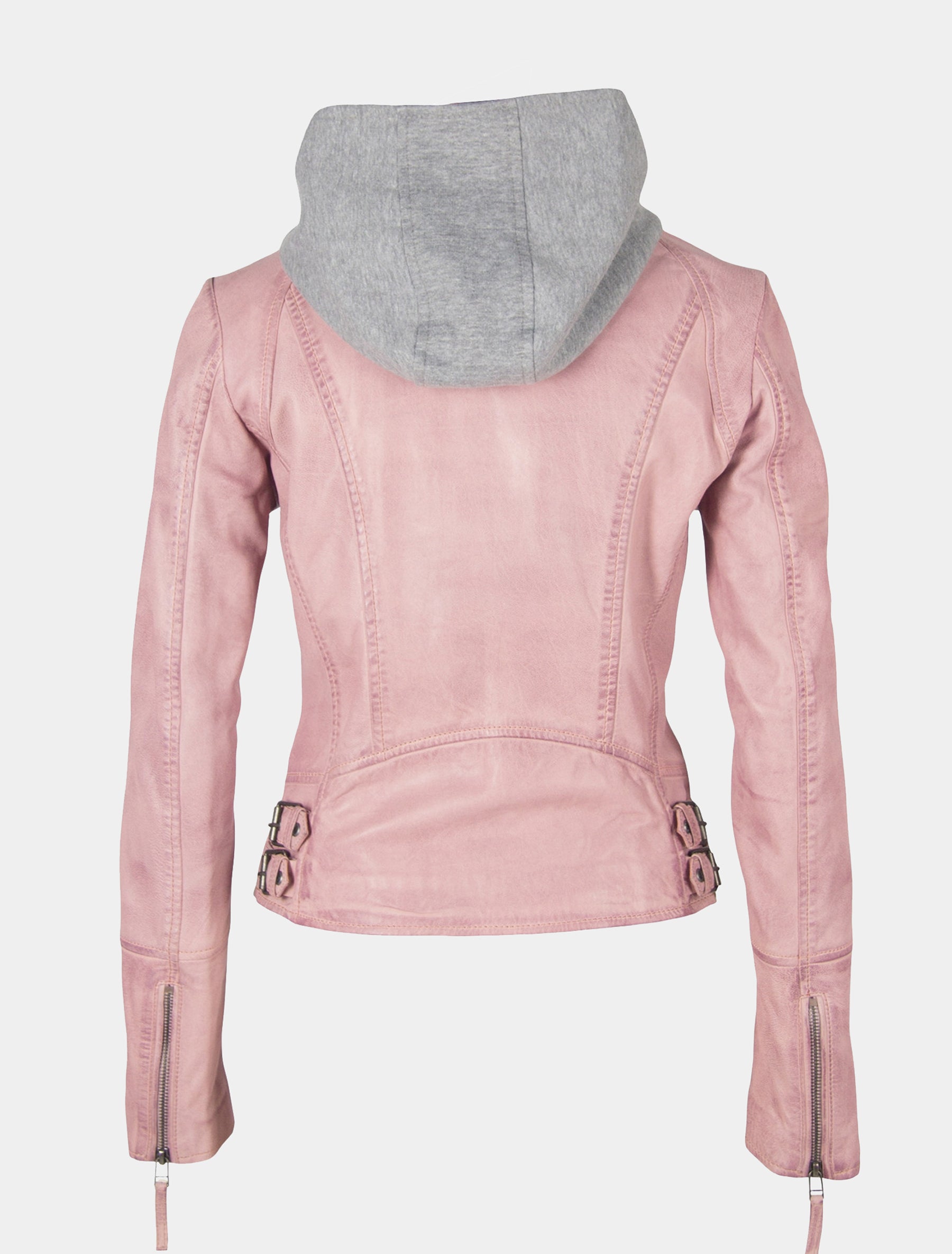 Damen Biker Lederjacke mit abnehmbarer Kapuze und Stehkragen - Nola 2 in pink