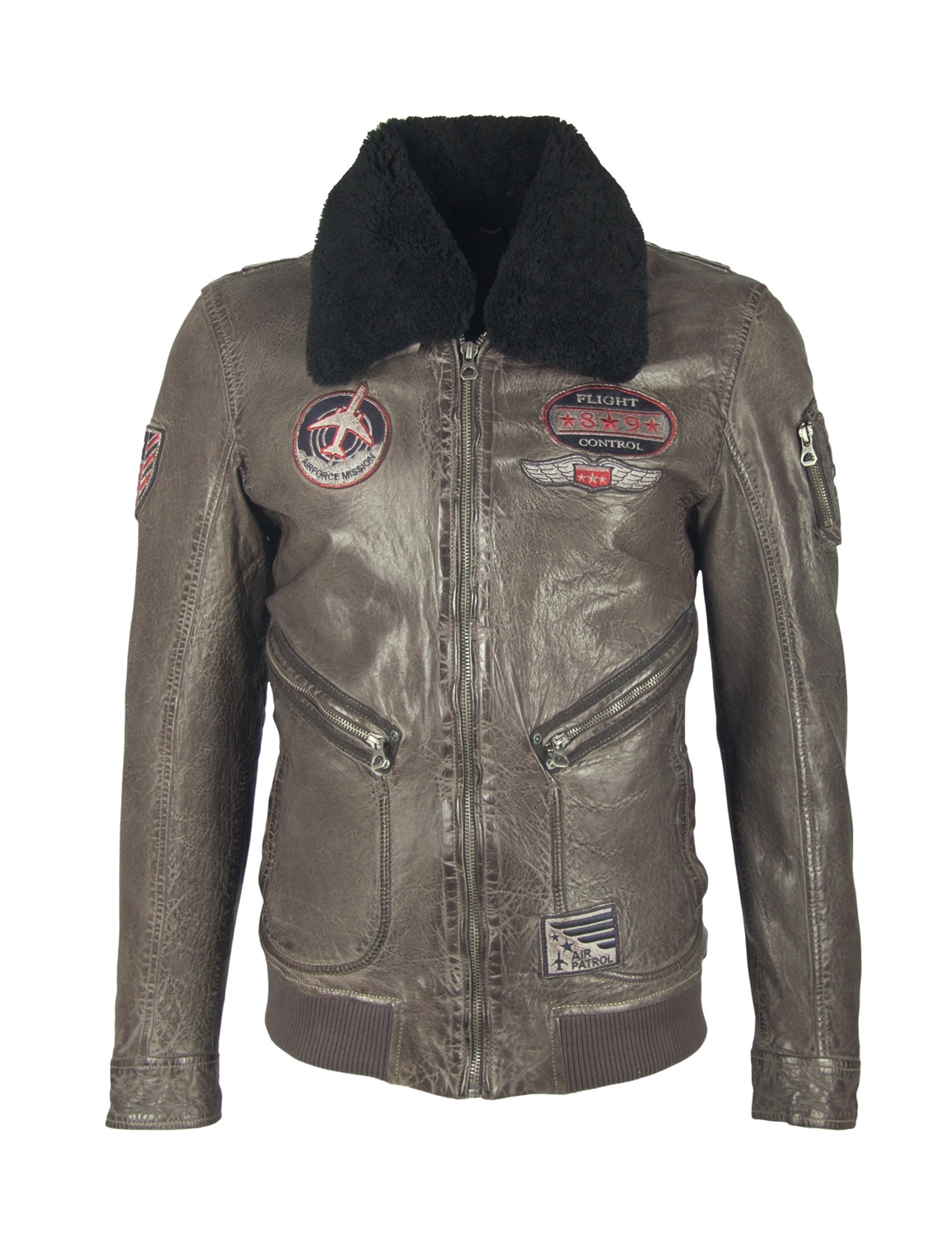 Leder Blouson mit Laschen, Patches und abnehmbarem Kragen - Pilot W19 in grau