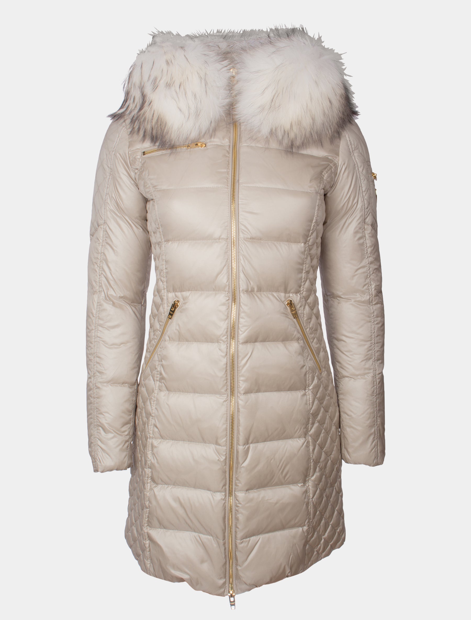 Damen Daunenmantel lange Daunenjacke mit abnehmbarer Echtfell Kapuze - Ciara in light beige/bleached