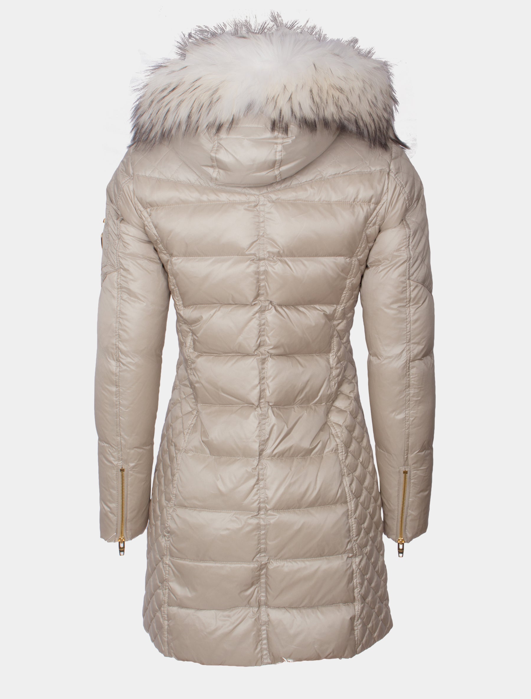 Damen Daunenmantel lange Daunenjacke mit abnehmbarer Echtfell Kapuze - Ciara in light beige/bleached