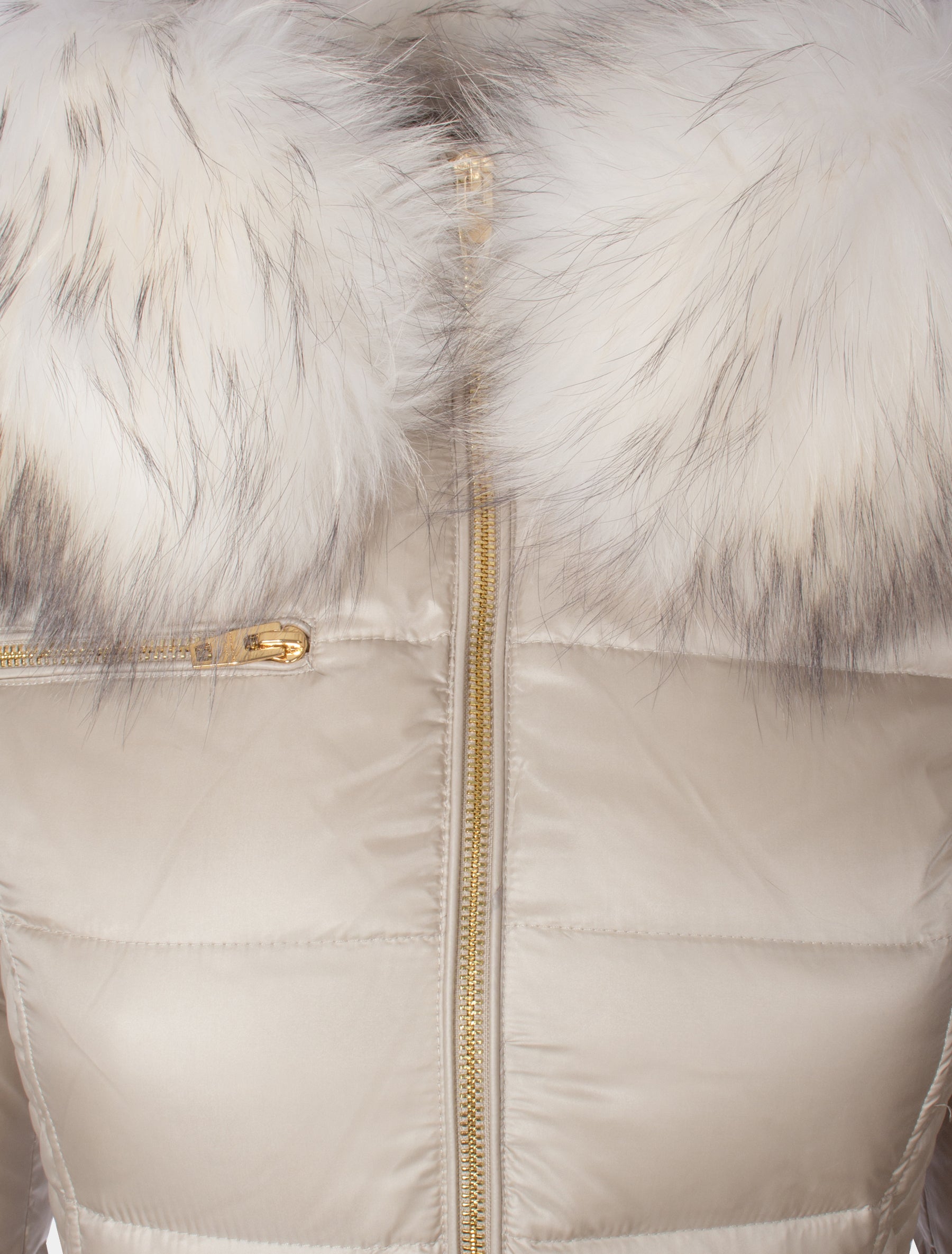 Damen Daunenmantel lange Daunenjacke mit abnehmbarer Echtfell Kapuze - Ciara in light beige/bleached