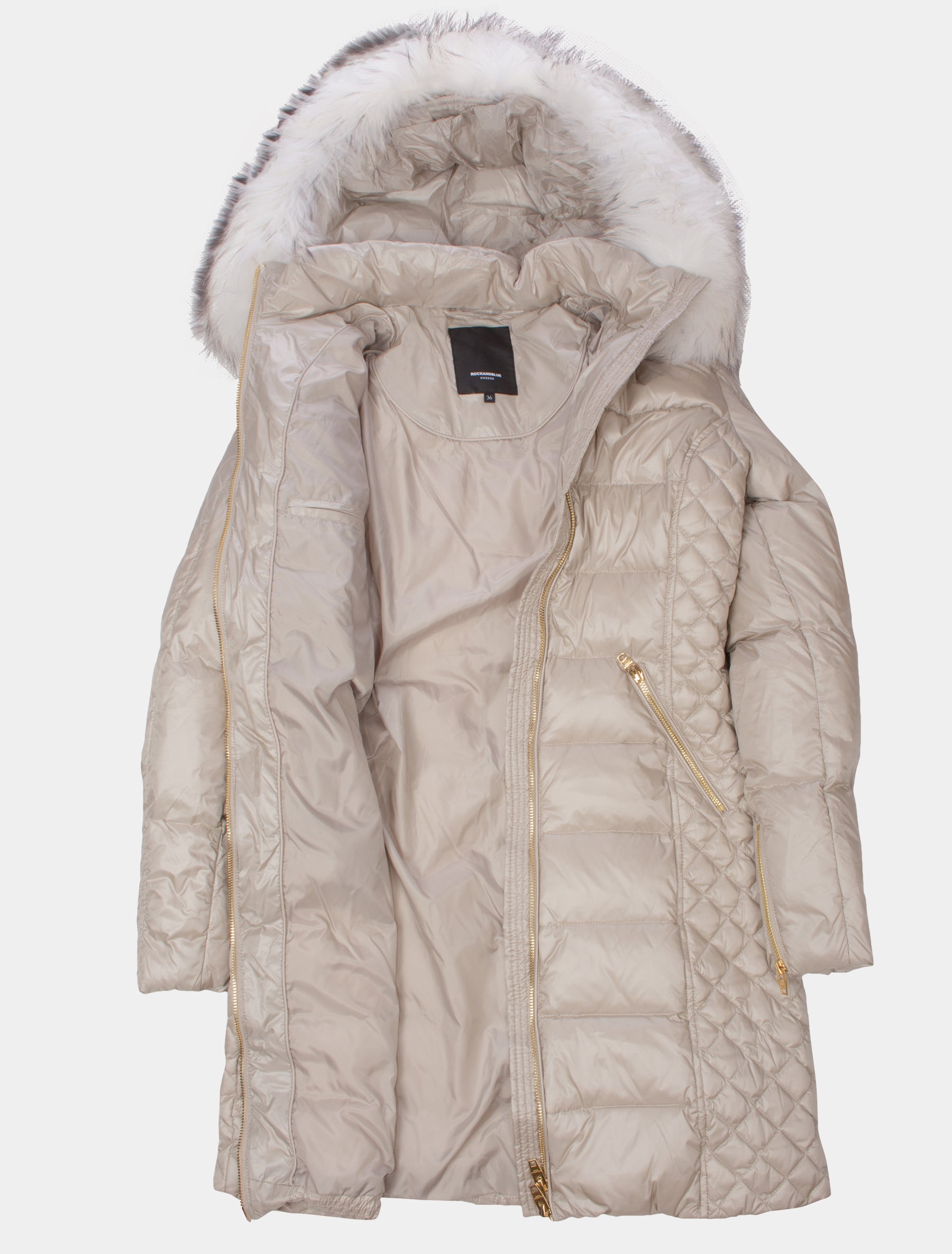 Damen Daunenmantel lange Daunenjacke mit abnehmbarer Echtfell Kapuze - Ciara in light beige/bleached