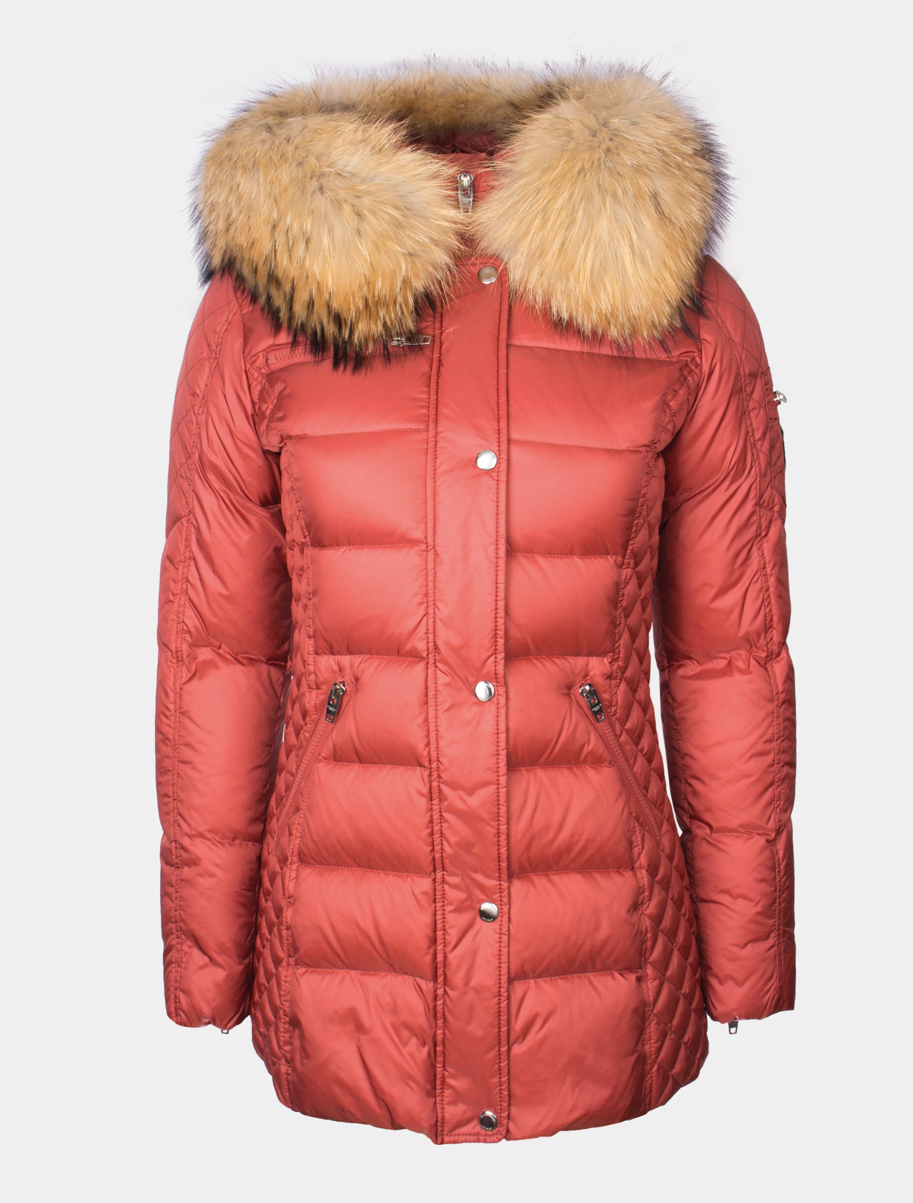 Lange Daunenjacke/ kurzer Daunenmantel mit Echtfell Kapuze - Beam Mid in rouge/natural