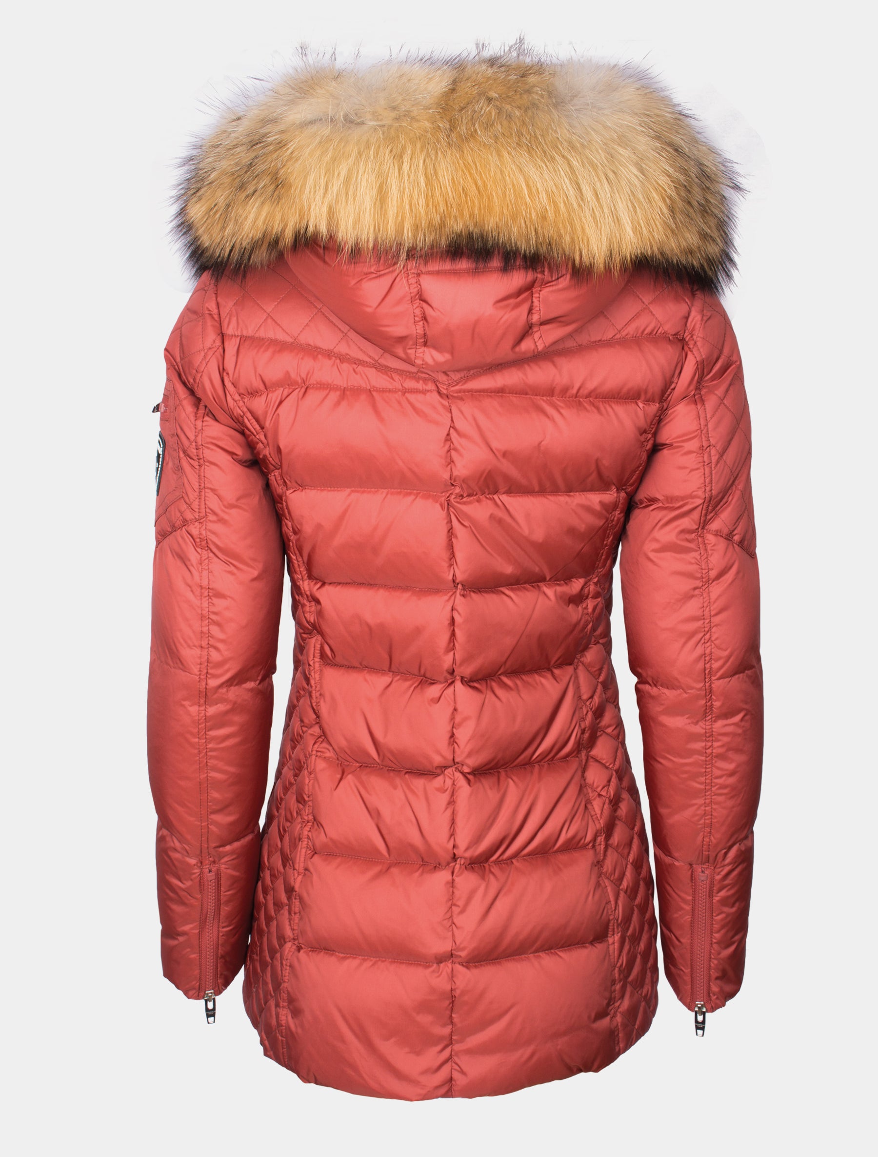 Lange Daunenjacke/ kurzer Daunenmantel mit Echtfell Kapuze - Beam Mid in rouge/natural