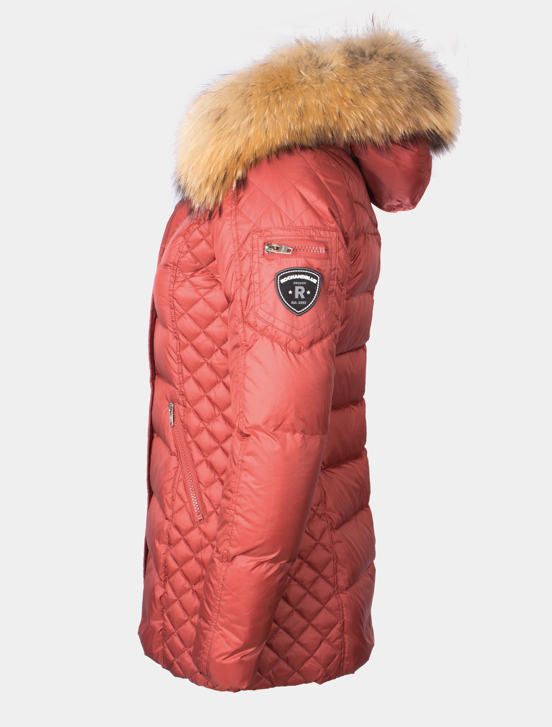 Lange Daunenjacke/ kurzer Daunenmantel mit Echtfell Kapuze - Beam Mid in rouge/natural