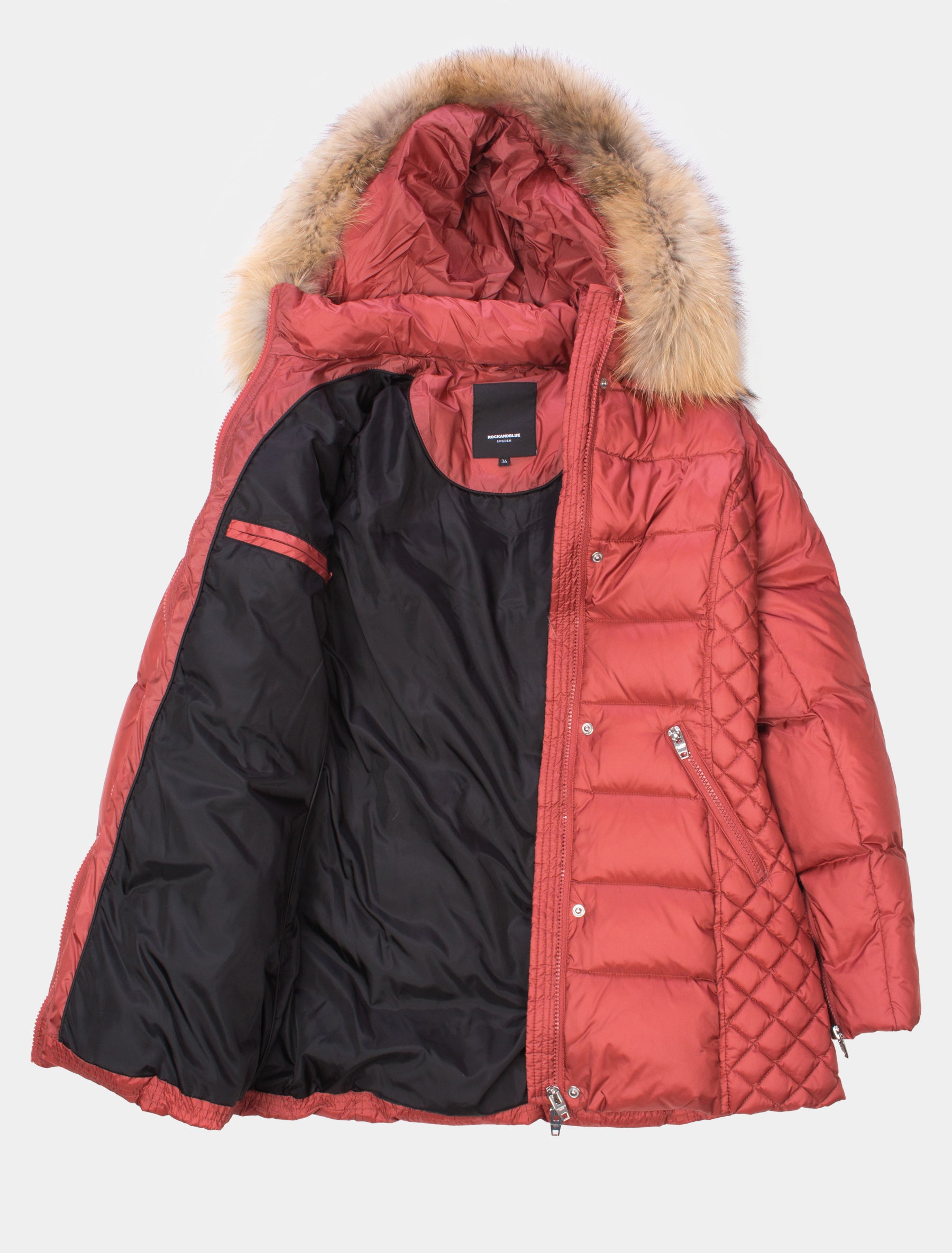 Lange Daunenjacke/ kurzer Daunenmantel mit Echtfell Kapuze - Beam Mid in rouge/natural