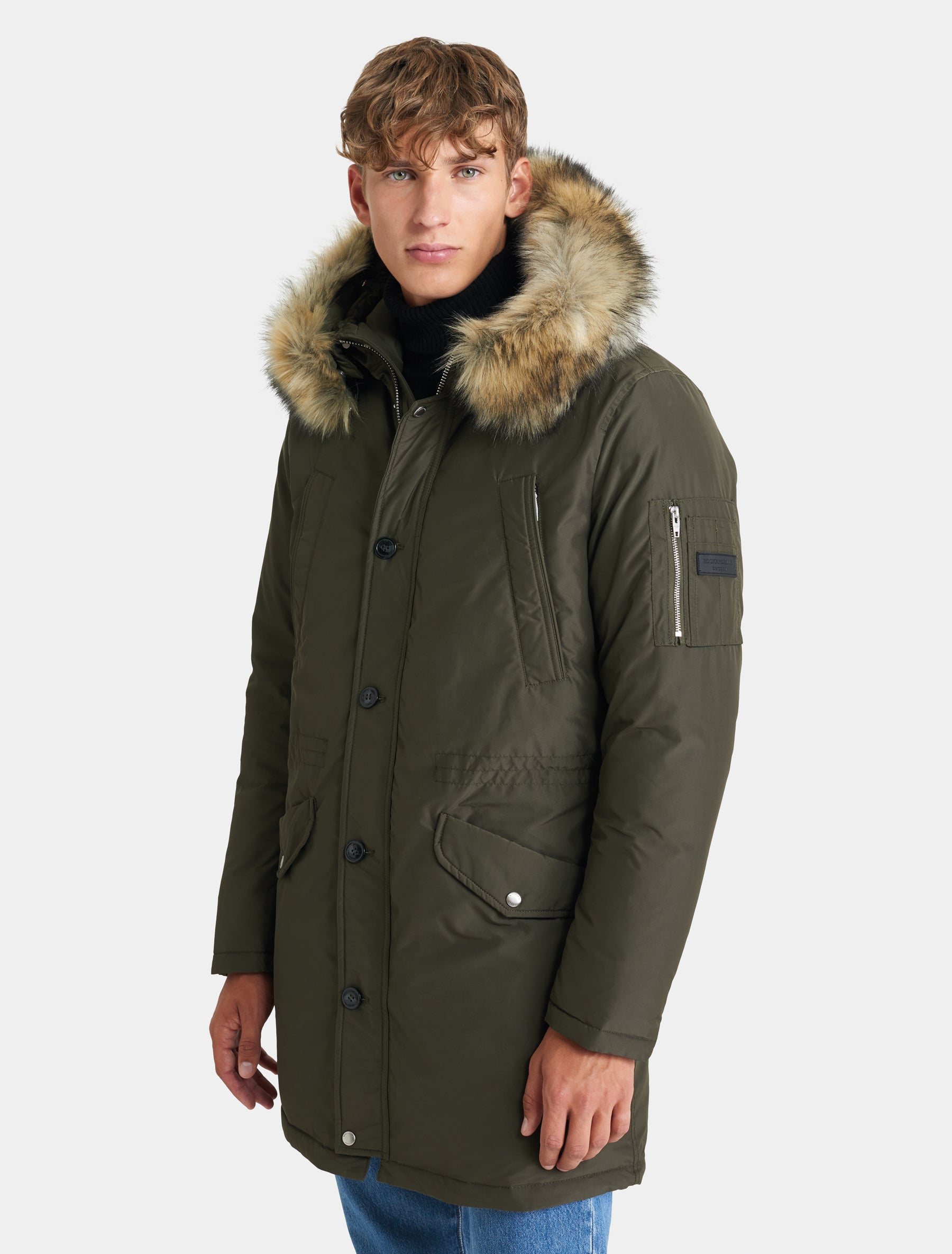 Herren Lange Daunenjacke Daunenmantel mit Echtfell Kapuze - Hawk Lux in military olive/natural