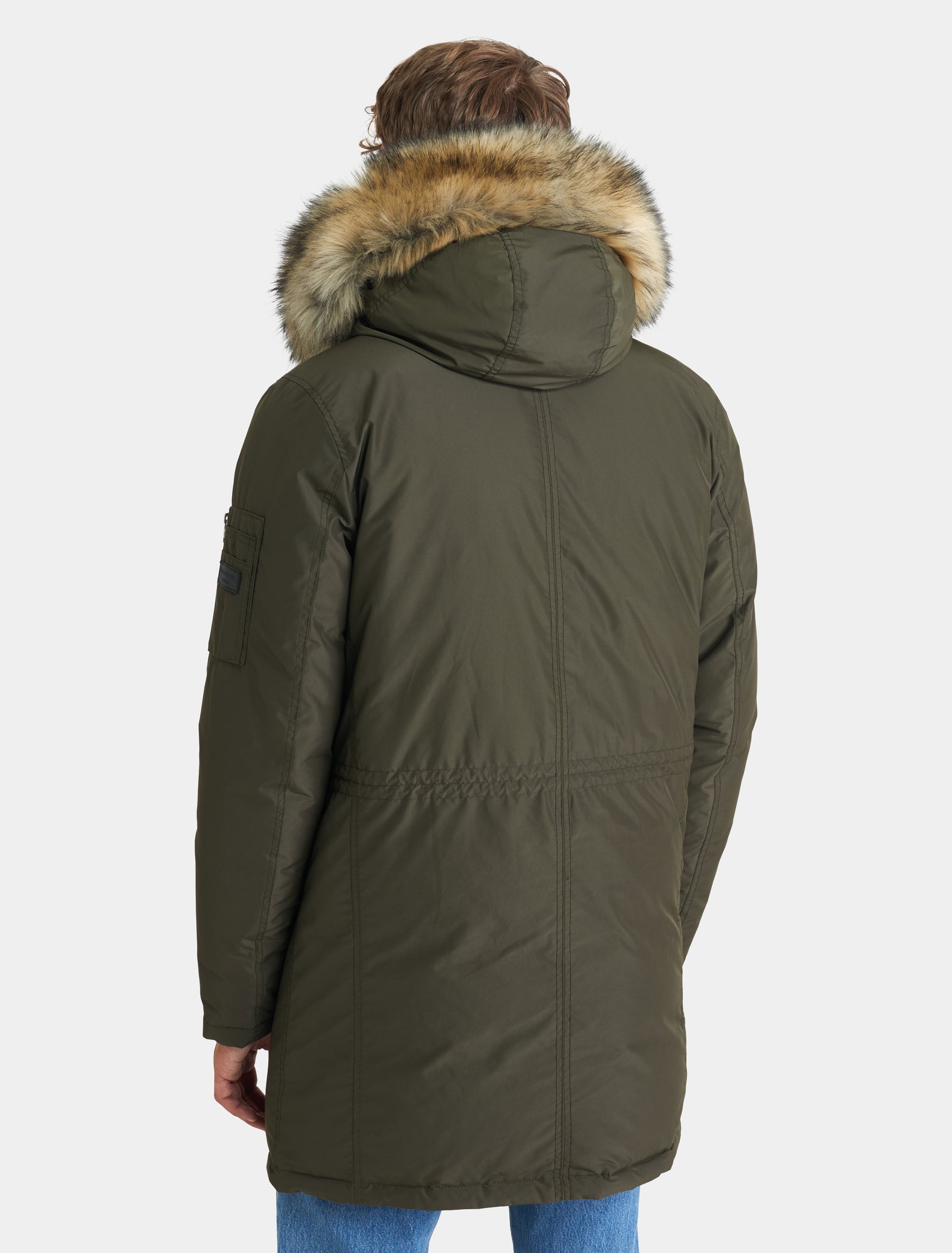 Herren Lange Daunenjacke Daunenmantel mit Echtfell Kapuze - Hawk Lux in military olive/natural