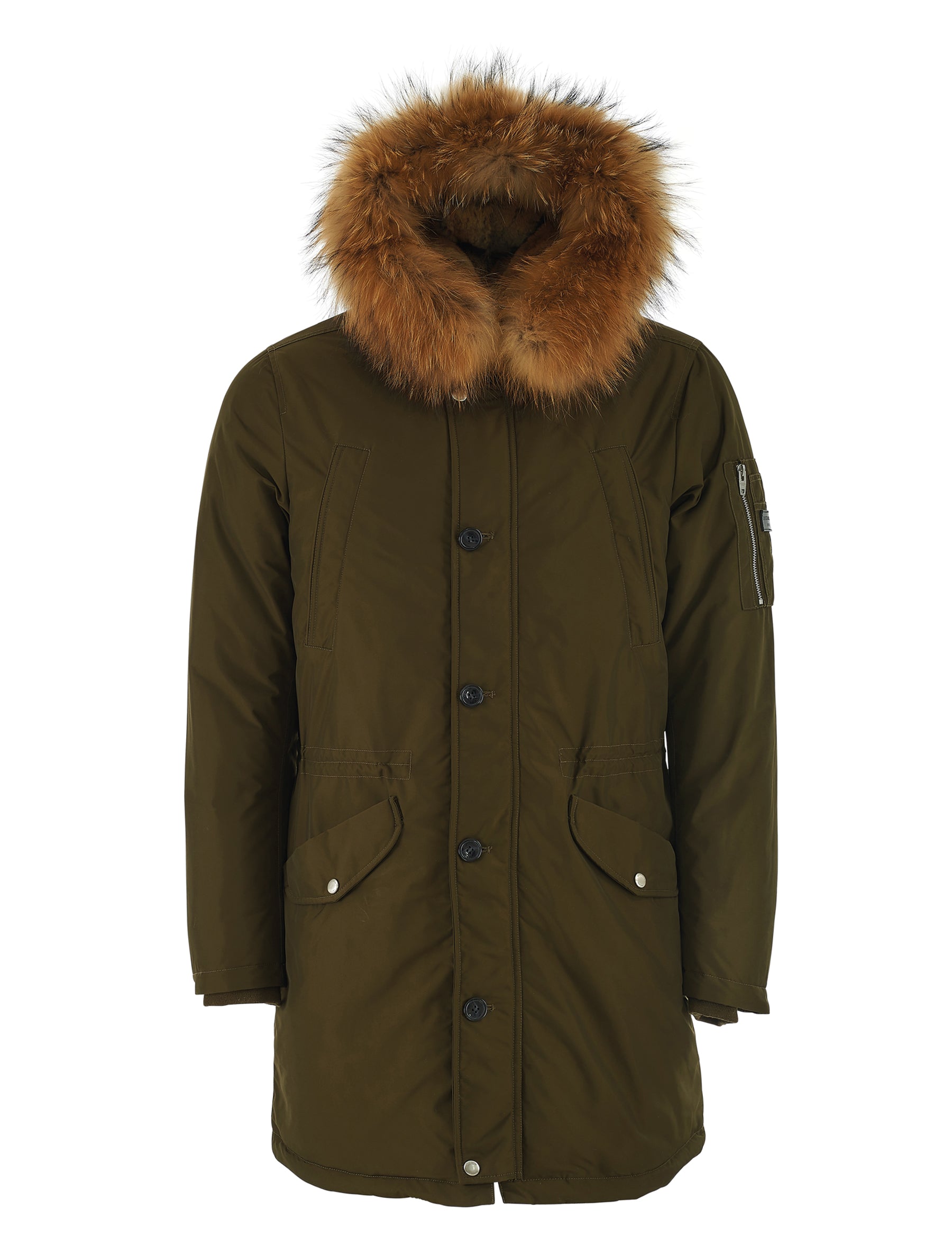 Herren Lange Daunenjacke Daunenmantel mit Echtfell Kapuze - Hawk Lux in military olive/natural