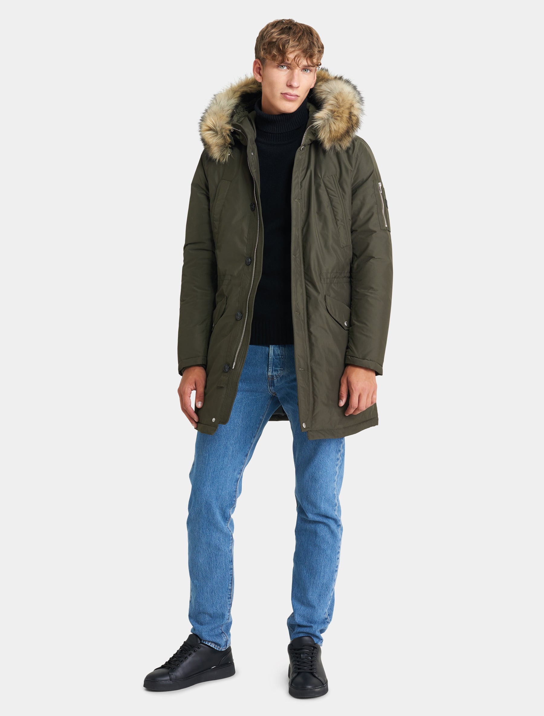 Herren Lange Daunenjacke Daunenmantel mit Echtfell Kapuze - Hawk Lux in military olive/natural