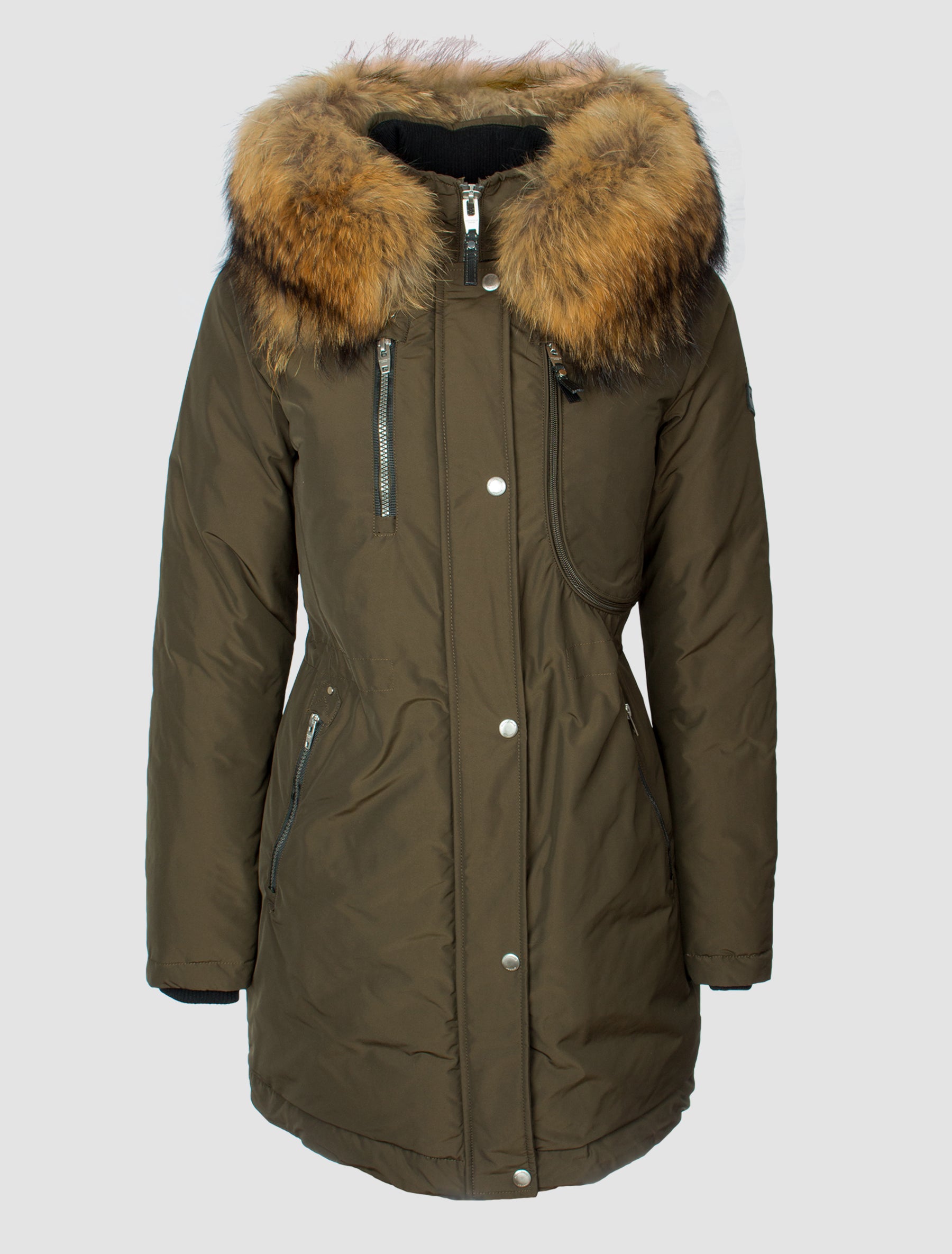 Damen Echtfell Daunenparka lange Daunenjacke - Vega in military olive/natural