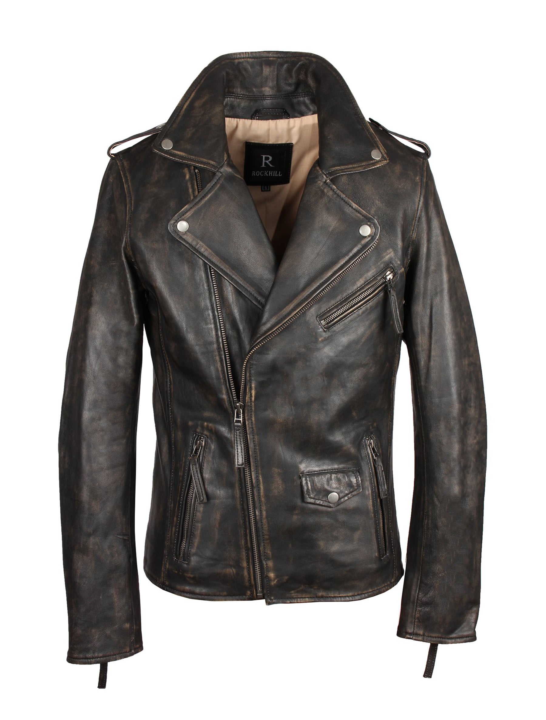 Biker Lederjacke im Vintage-Look aus Sheep Nappa - London in antik (black beige)