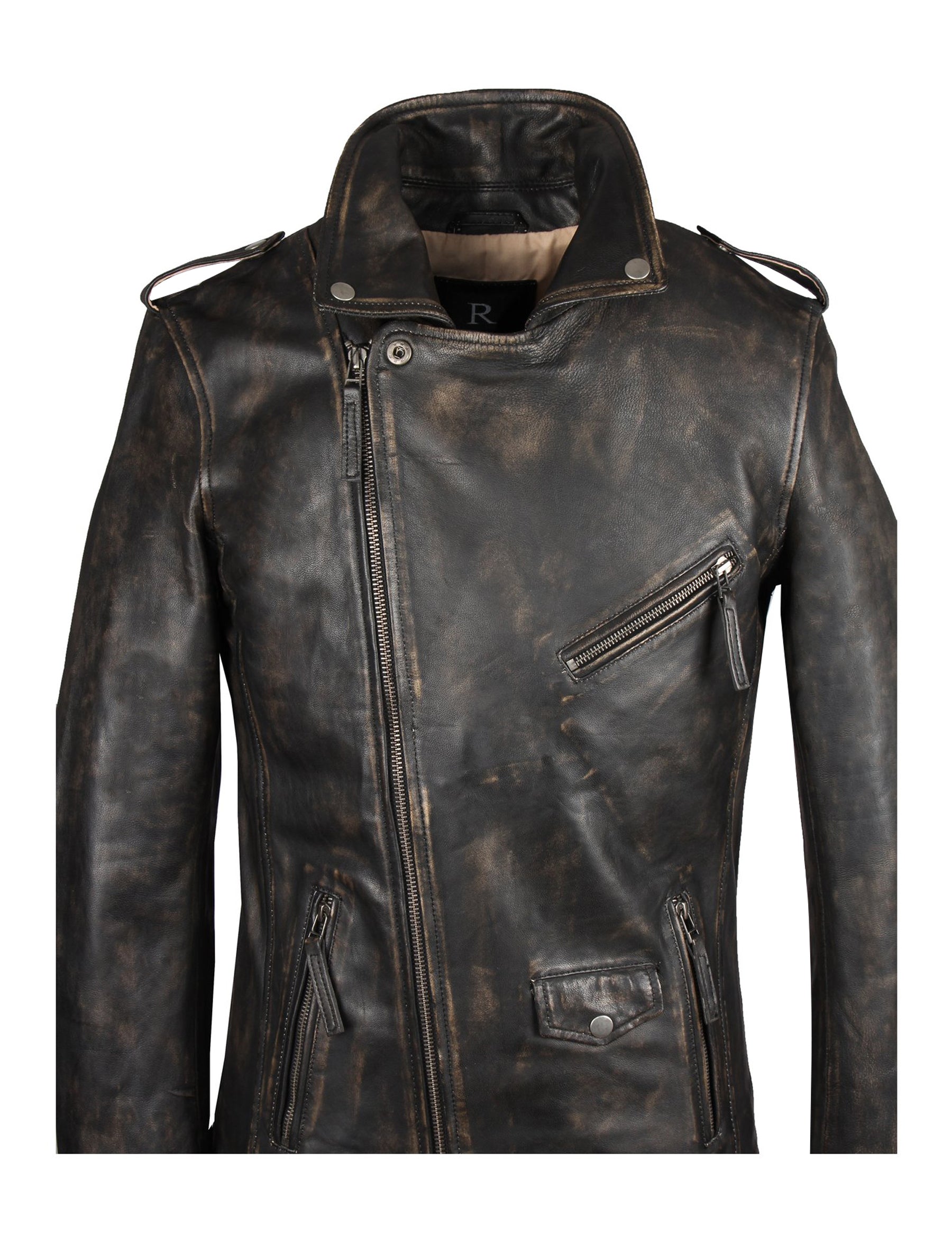 Biker Lederjacke im Vintage-Look aus Sheep Nappa - London in antik (black beige)