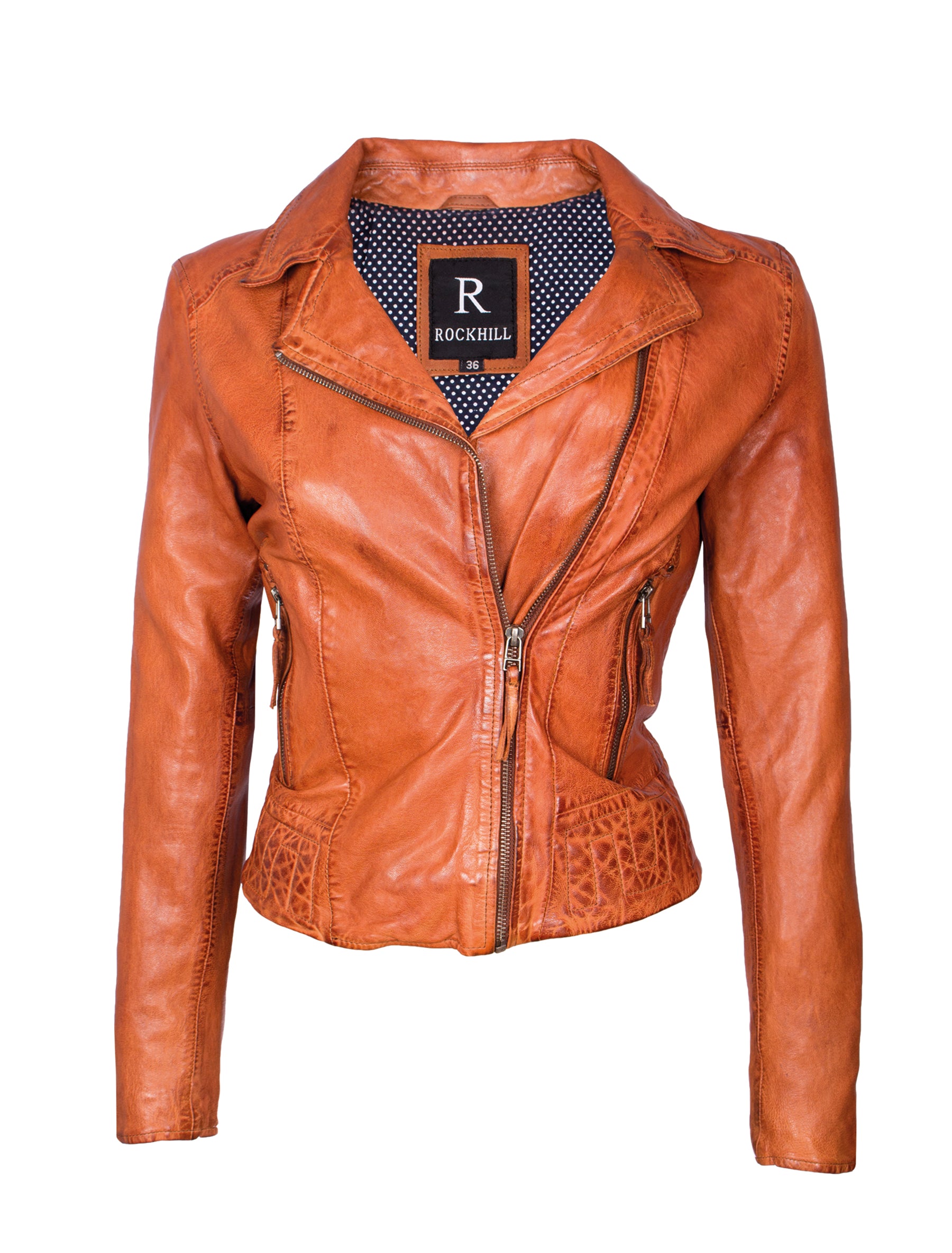 Kurze Damen Bikerjacke Lederjacke aus Lammleder - Louxor in cognac