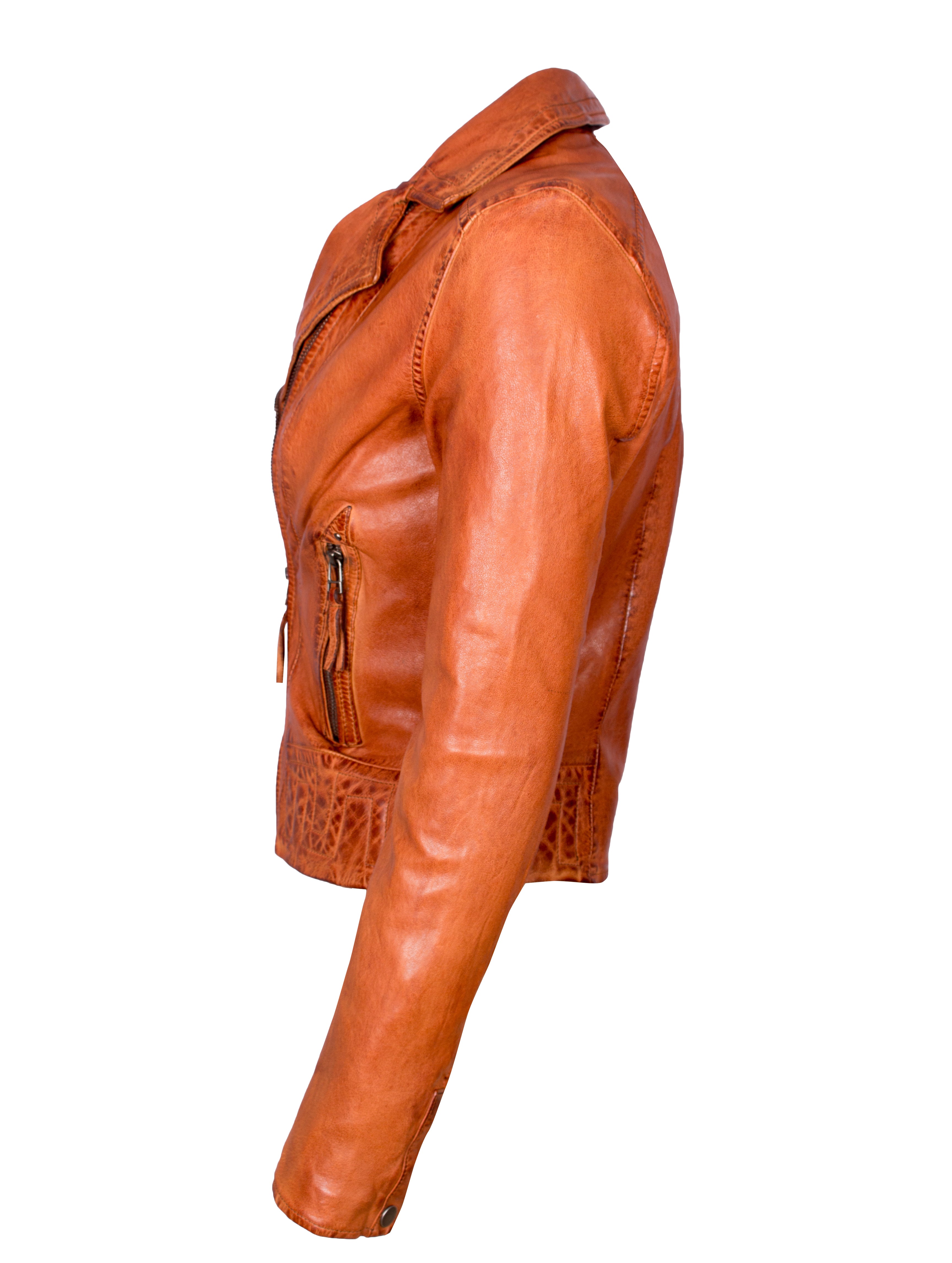 Kurze Damen Bikerjacke Lederjacke aus Lammleder - Louxor in cognac