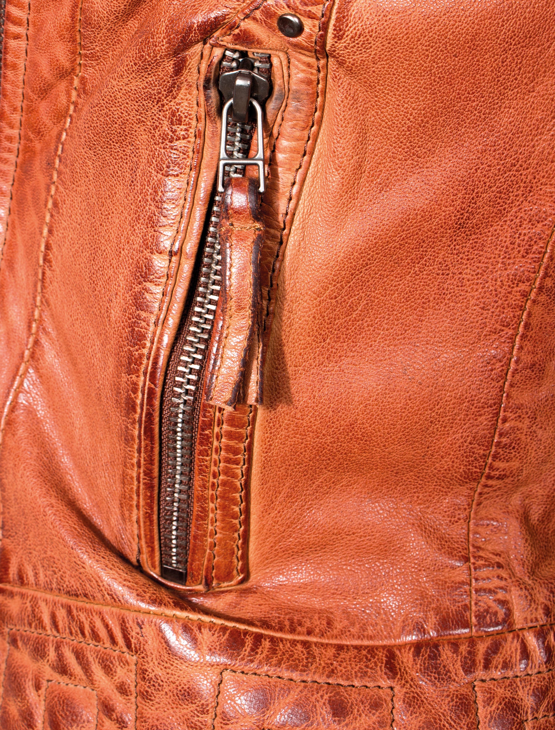 Kurze Damen Bikerjacke Lederjacke aus Lammleder - Louxor in cognac