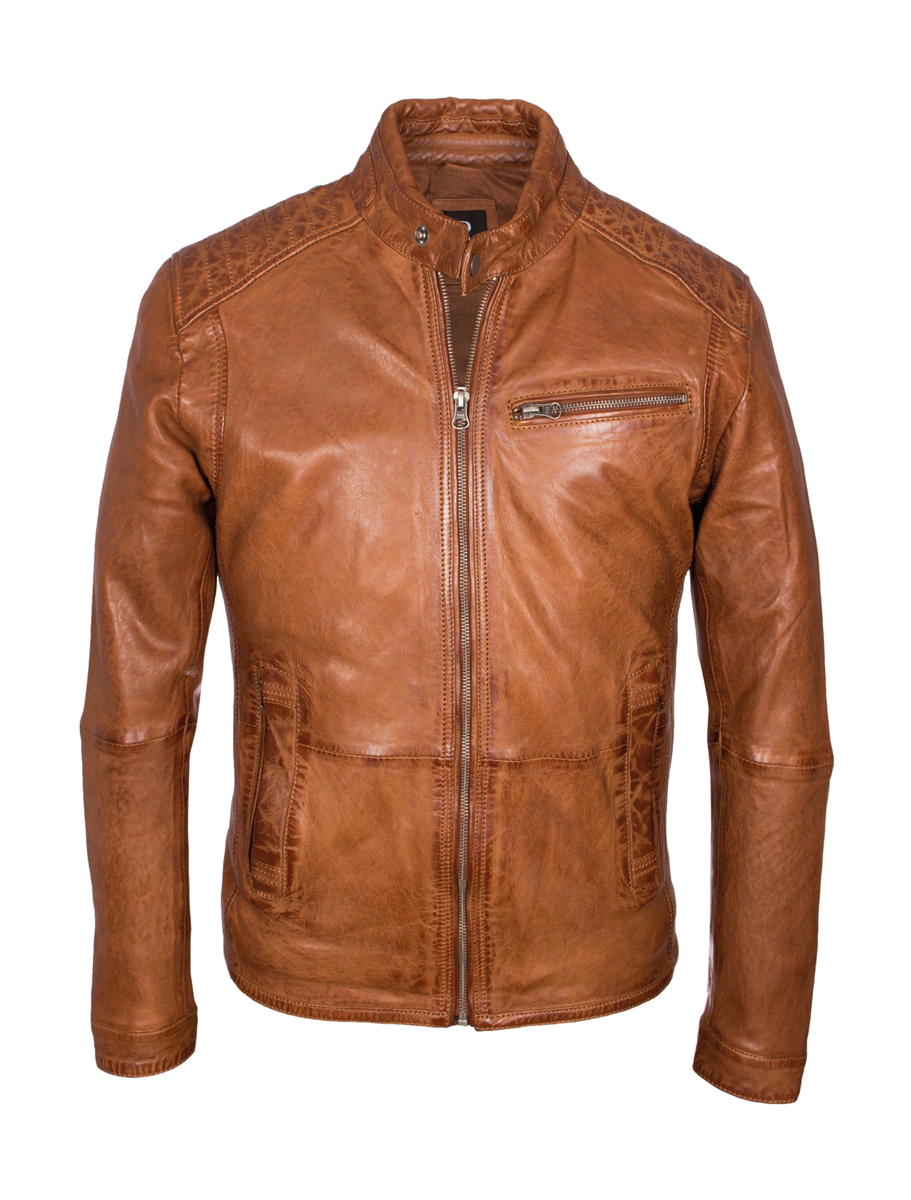 Herren Lederjacke mit Stehkragen im Bikerstil - Rene in cognac