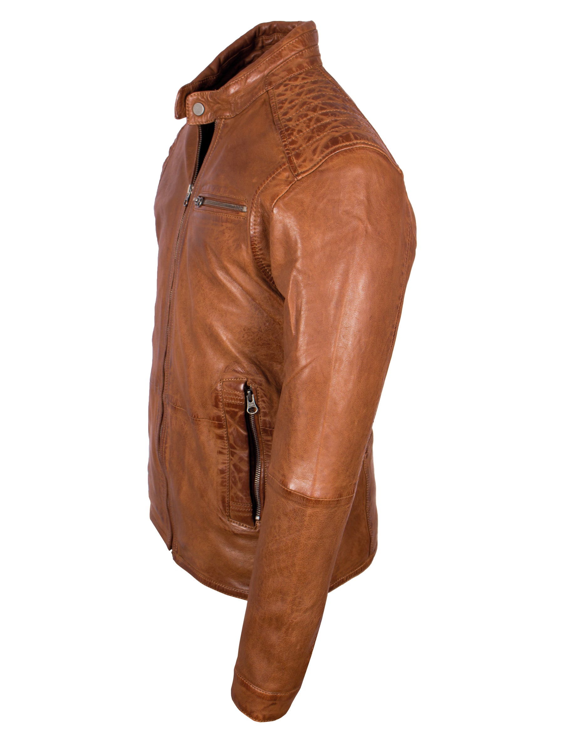 Herren Lederjacke mit Stehkragen im Bikerstil - Rene in cognac