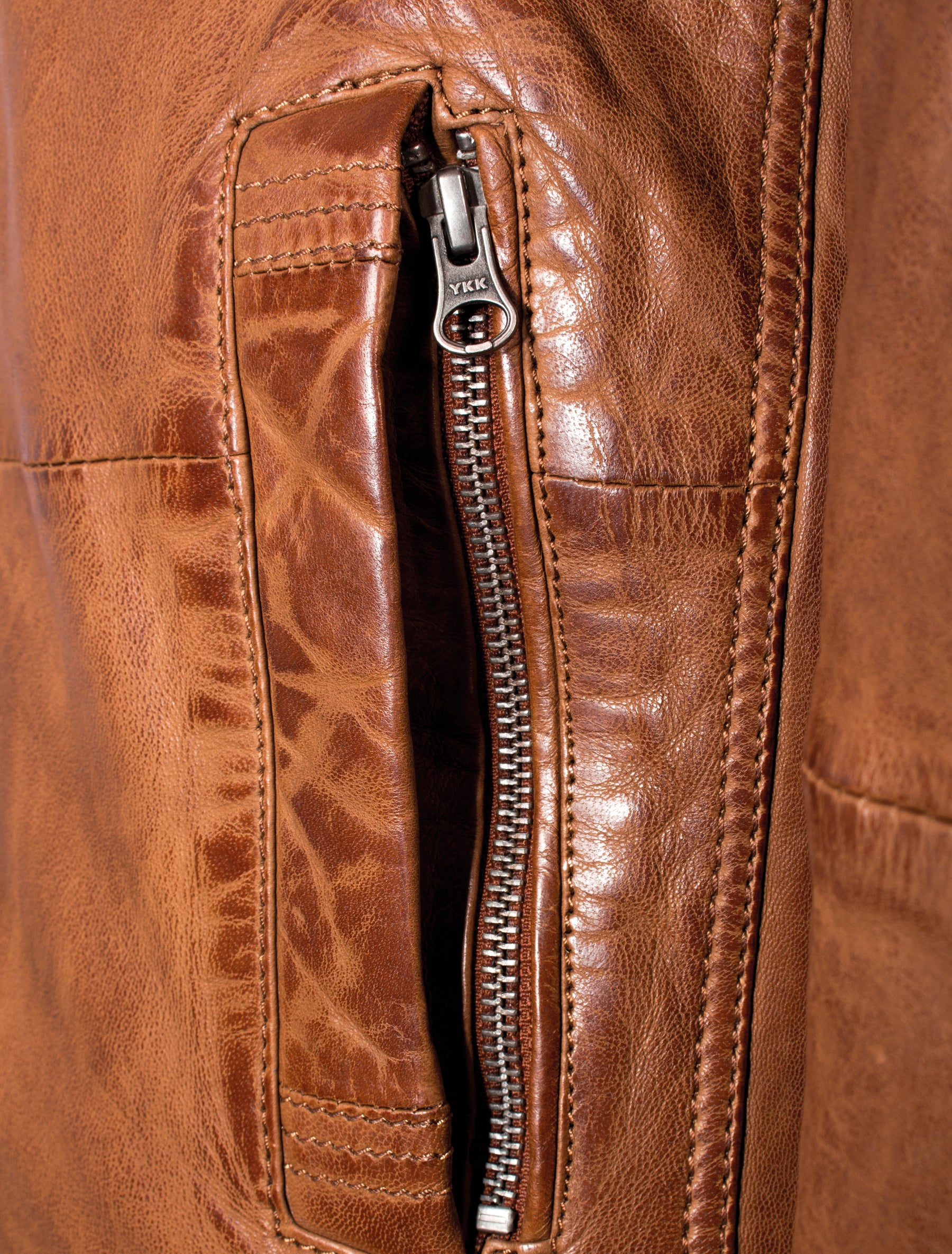 Herren Lederjacke mit Stehkragen im Bikerstil - Rene in cognac