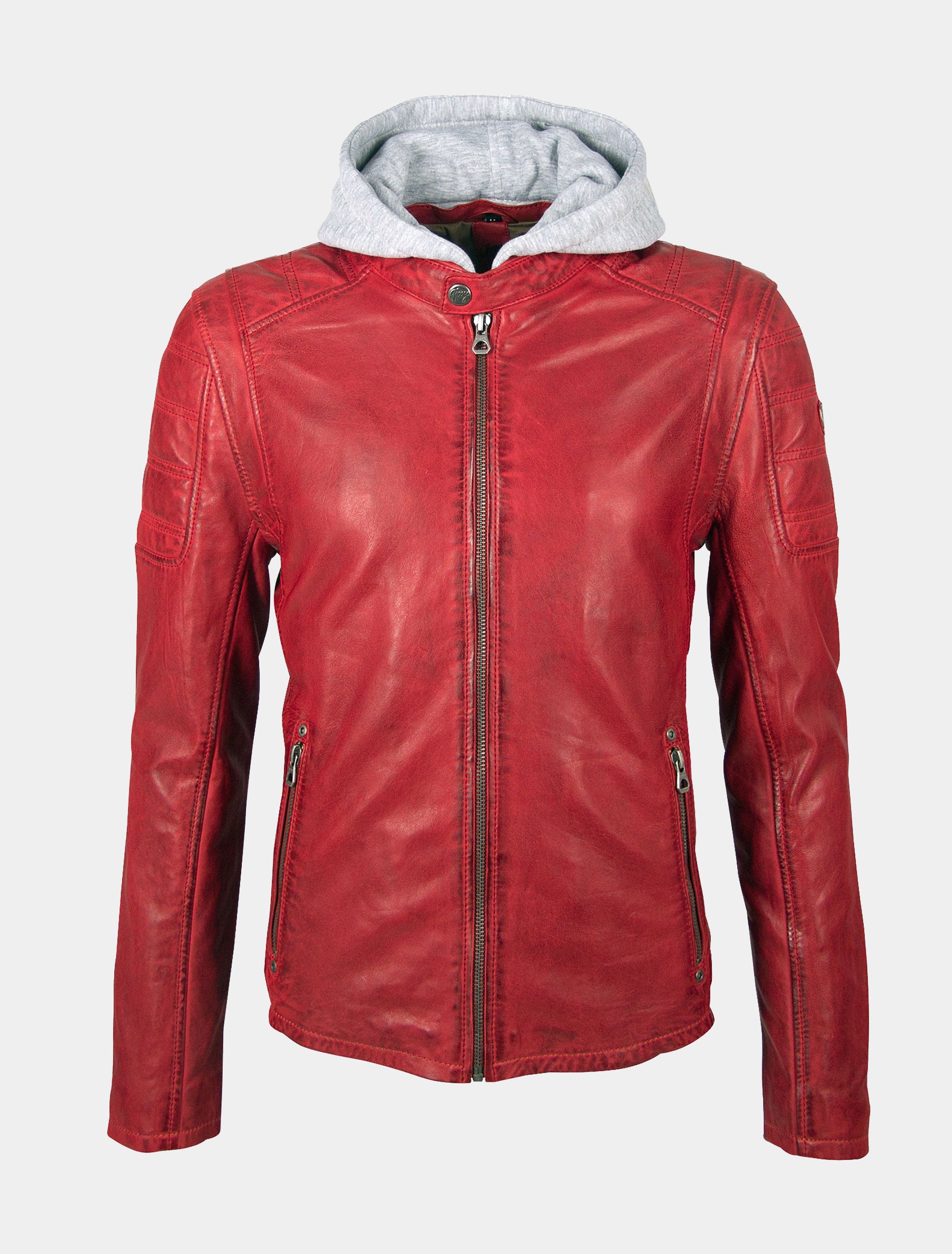 Herren Biker Lederjacke mit Stehkragen und grauer Kapuze - Rylo LAKEV in rot