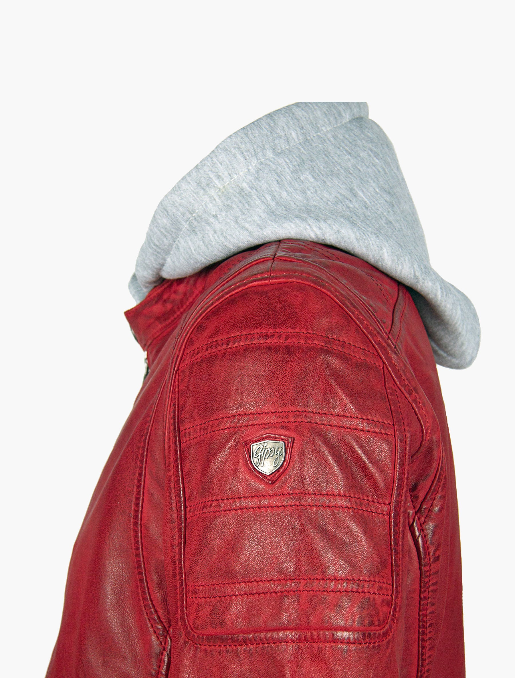 Herren Biker Lederjacke mit Stehkragen und grauer Kapuze - Rylo LAKEV in rot