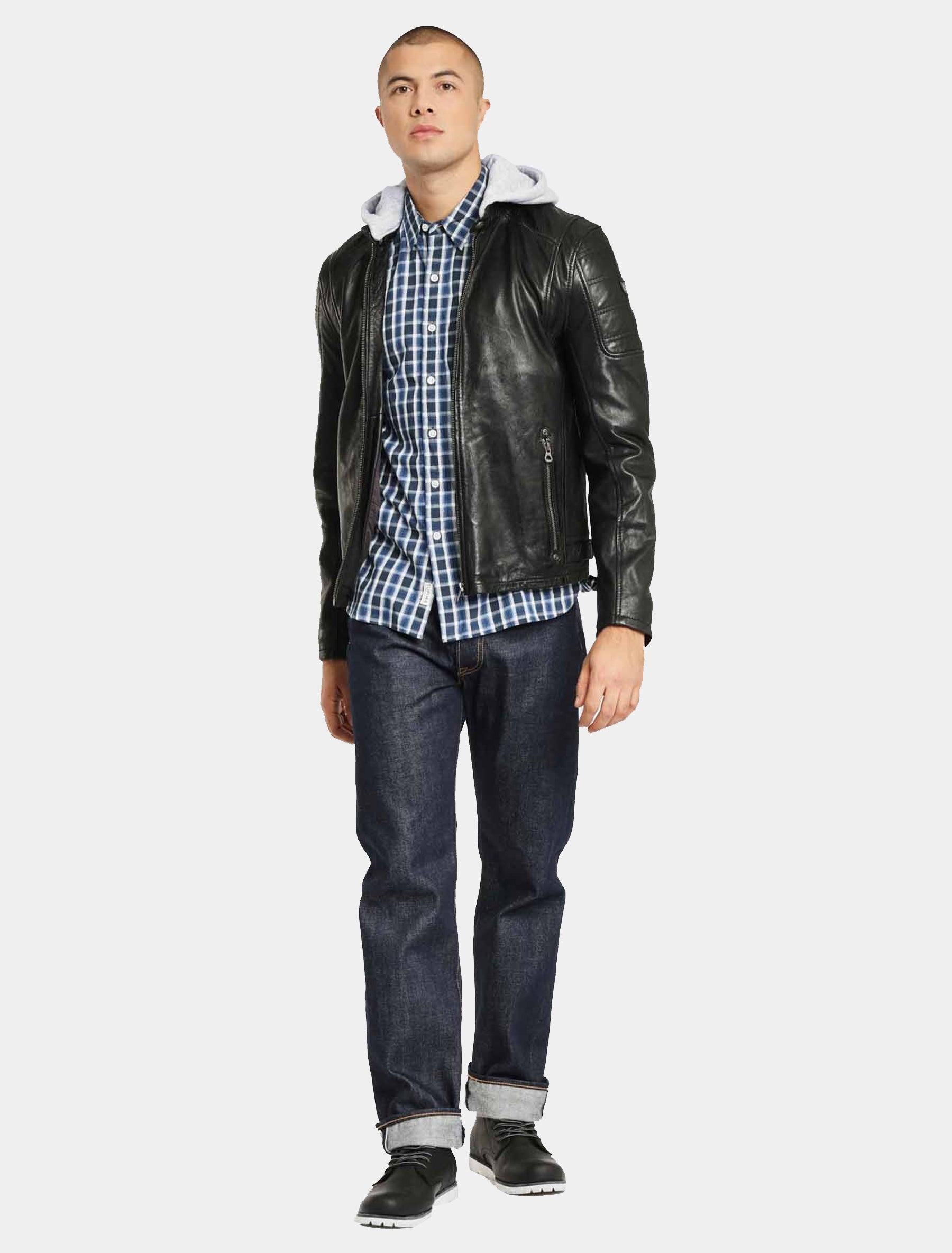 Herren Biker Lederjacke mit Stehkragen und grauer Kapuze - Rylo LAKEV in schwarz