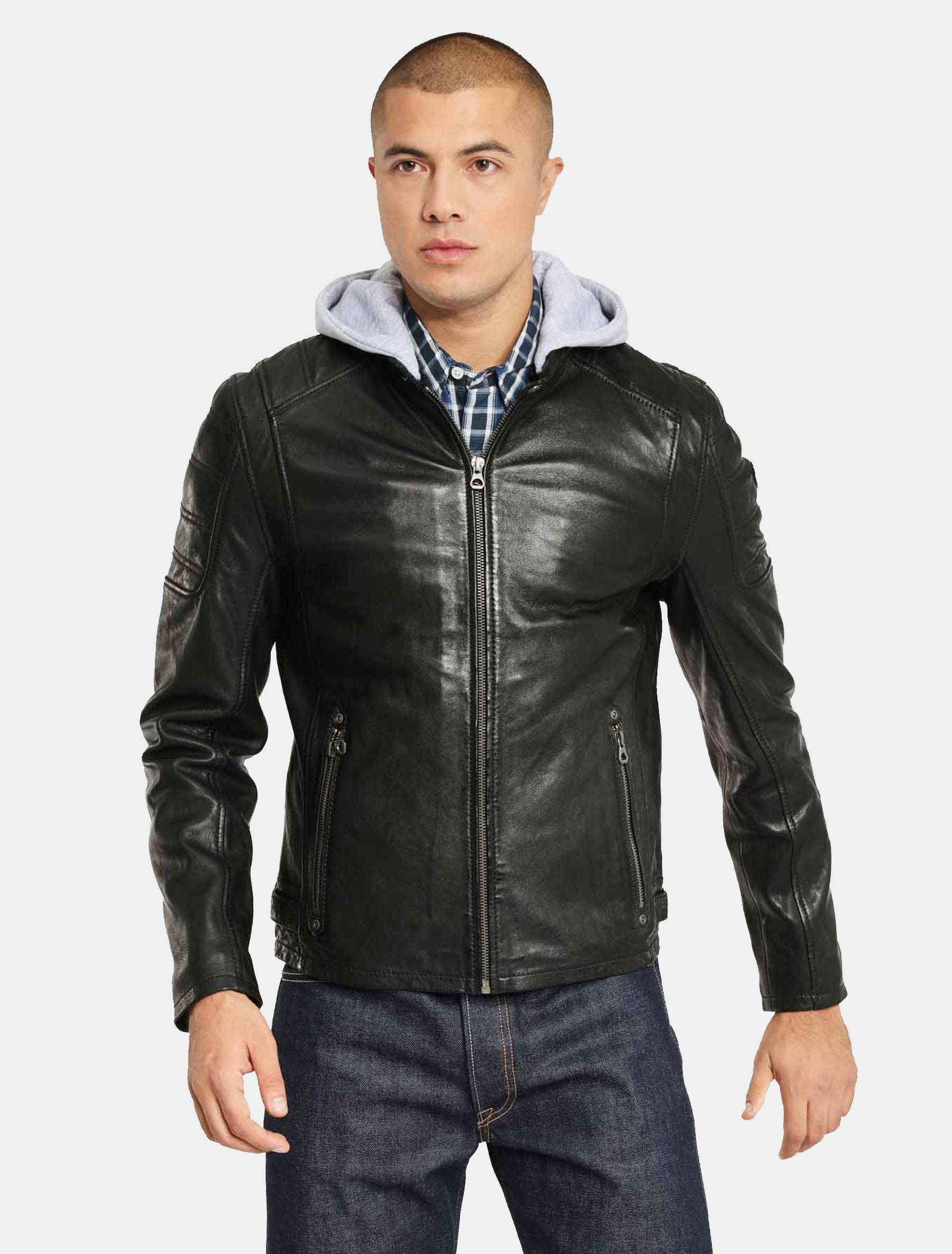 Herren Biker Lederjacke mit Stehkragen und grauer Kapuze - Rylo LAKEV in schwarz