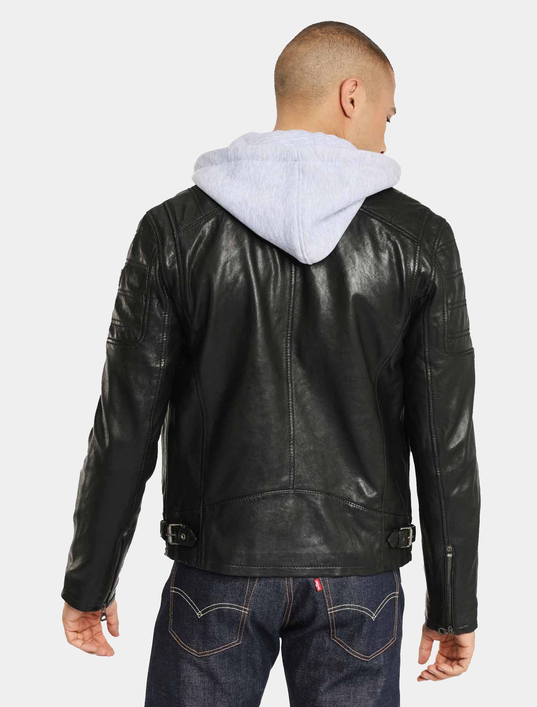 Herren Biker Lederjacke mit Stehkragen und grauer Kapuze - Rylo LAKEV in schwarz