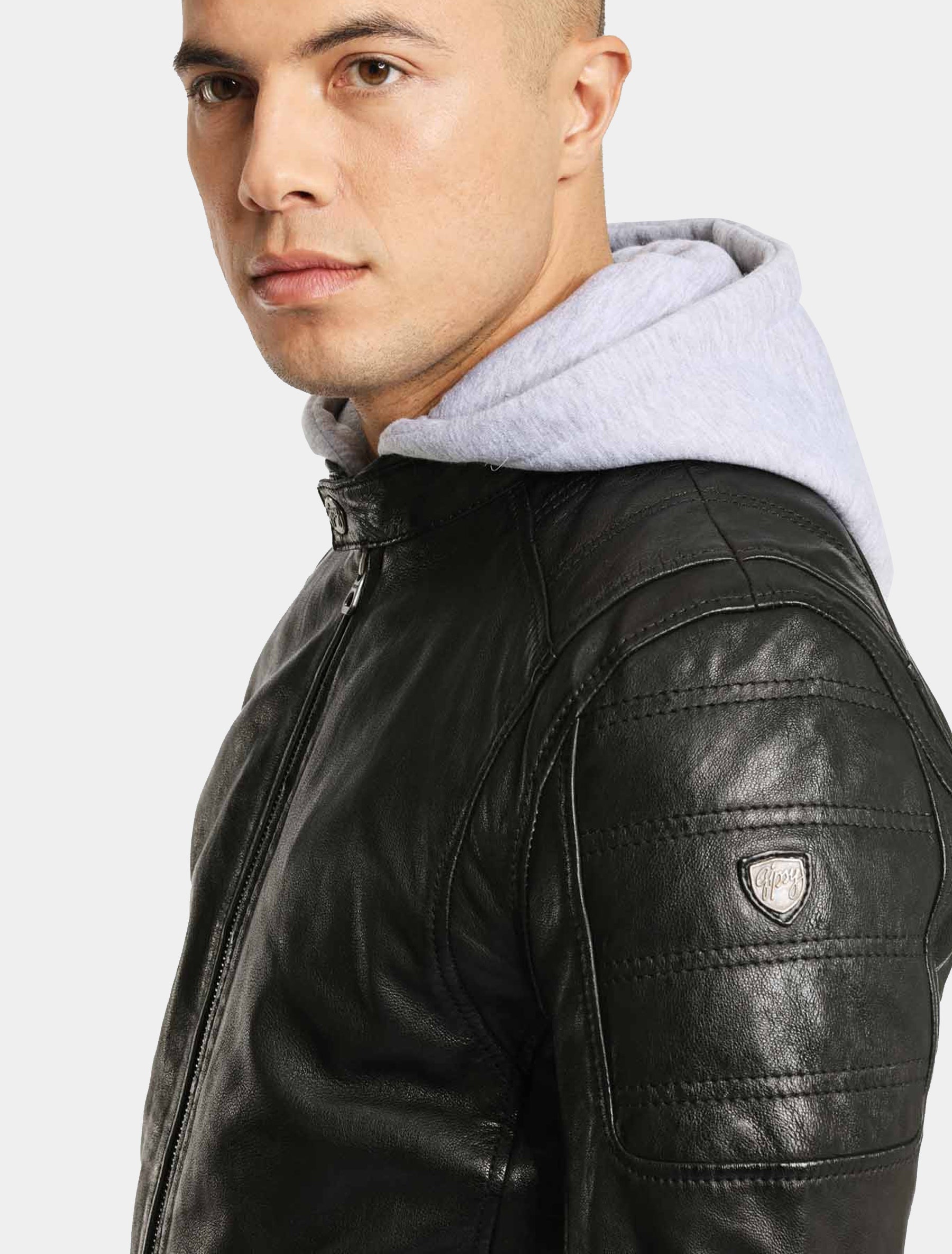 Herren Biker Lederjacke mit Stehkragen und grauer Kapuze - Rylo LAKEV in schwarz