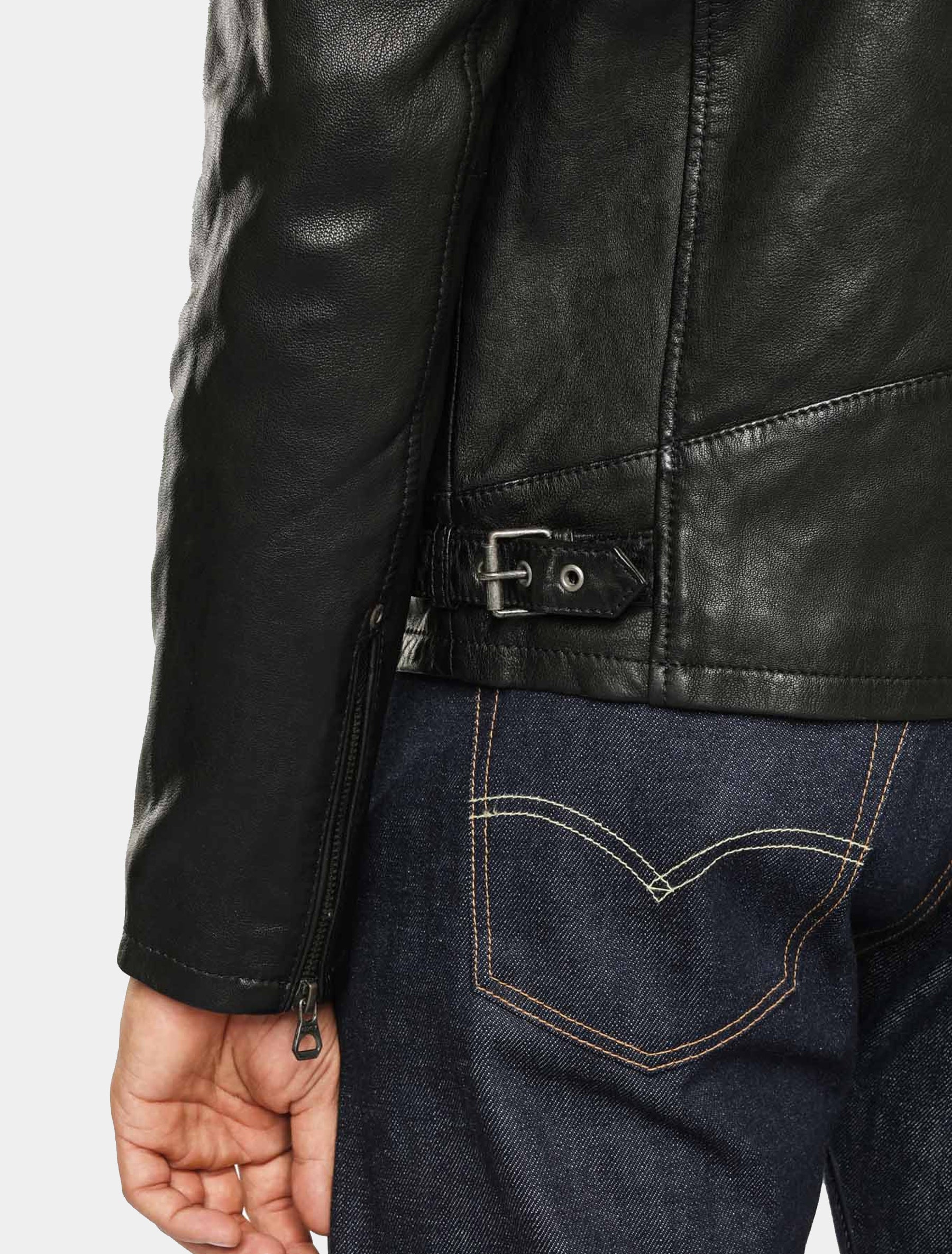 Herren Biker Lederjacke mit Stehkragen und grauer Kapuze - Rylo LAKEV in schwarz