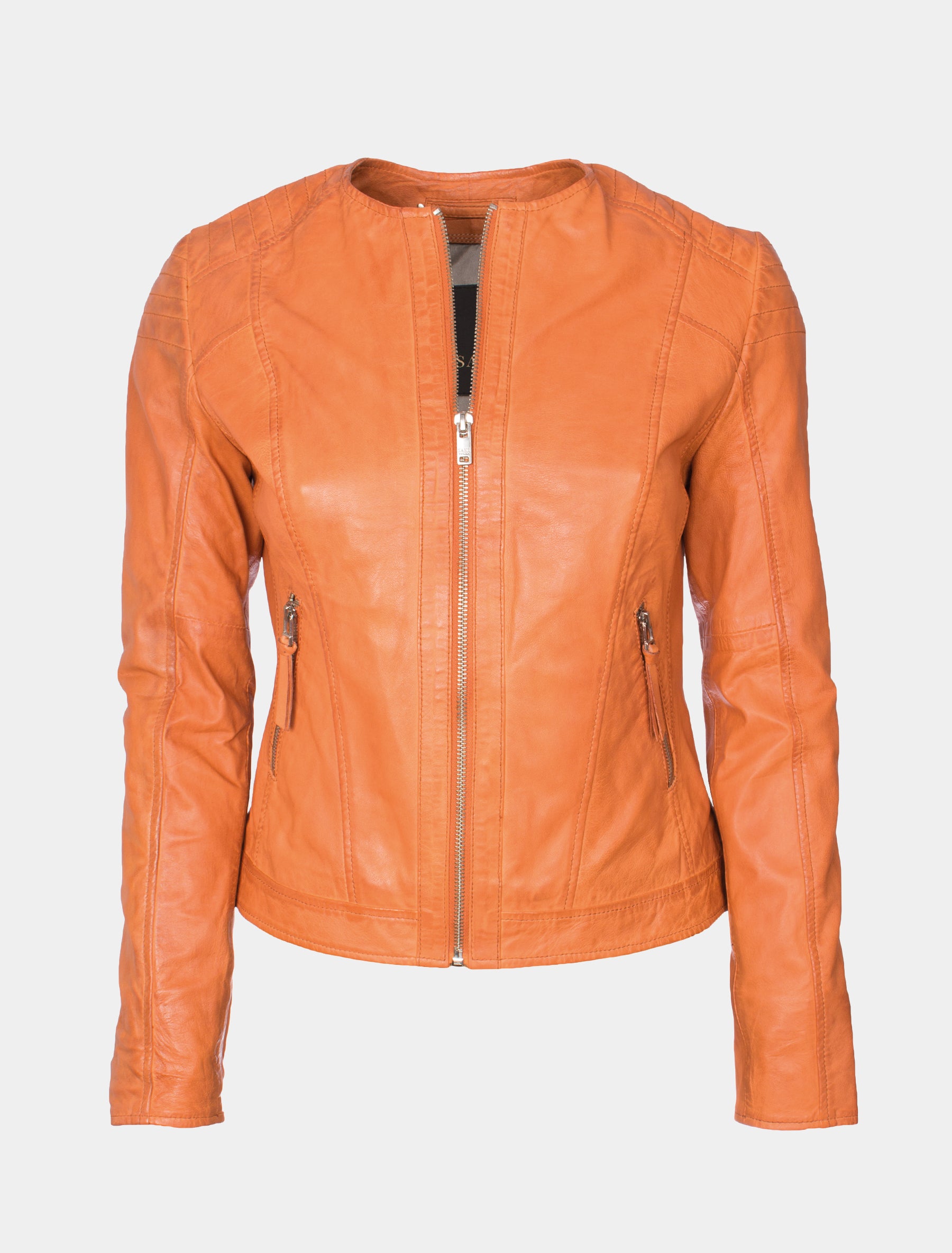 Damen kragenlose Lederjacke aus gewaschenem Leder - Paula in papaya