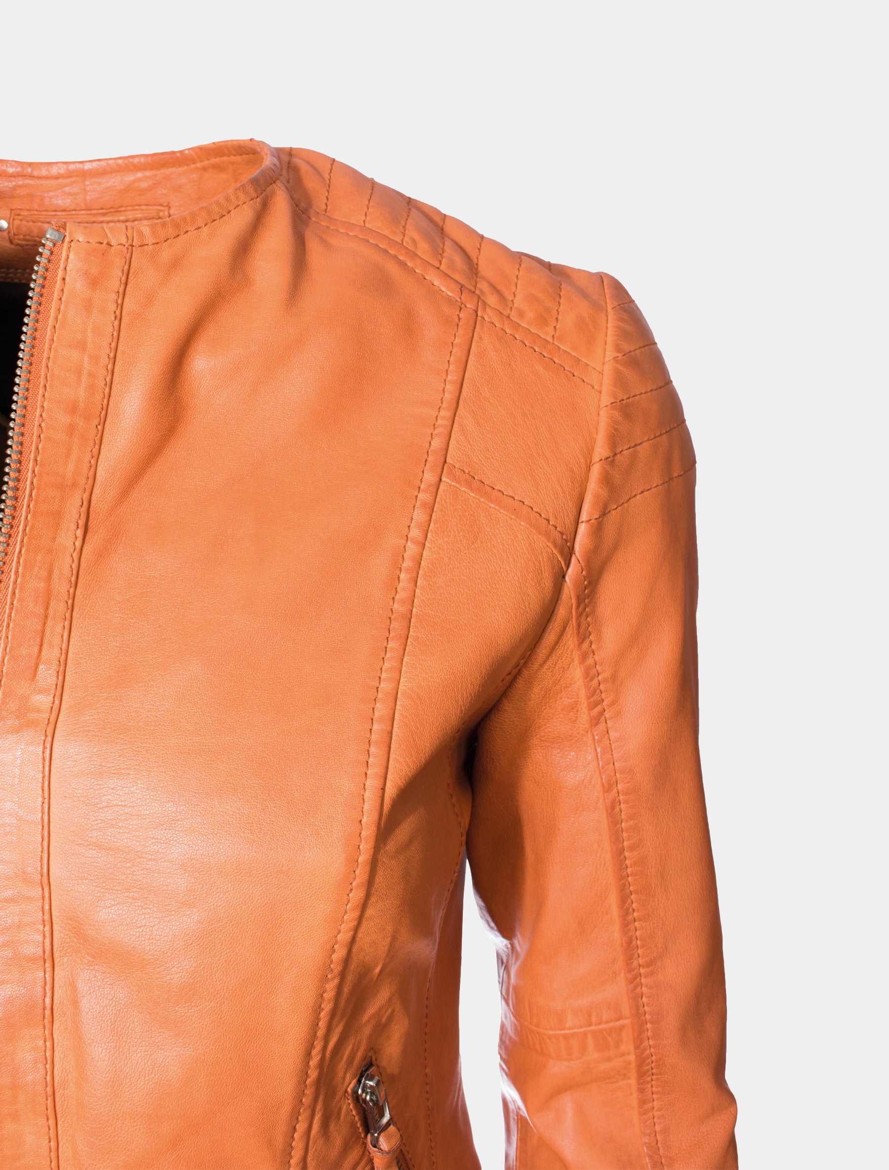 Damen kragenlose Lederjacke aus gewaschenem Leder - Paula in papaya