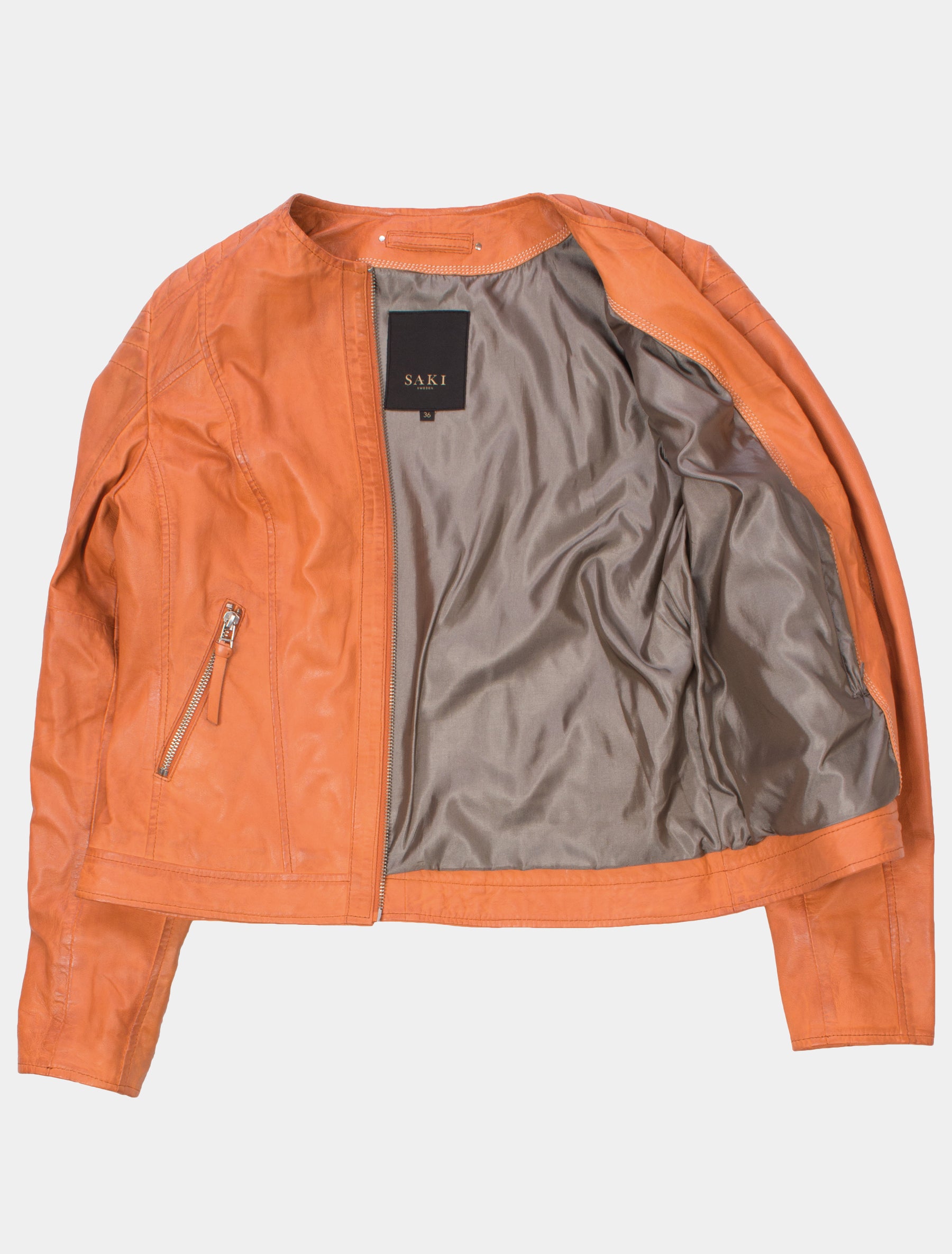 Damen kragenlose Lederjacke aus gewaschenem Leder - Paula in papaya