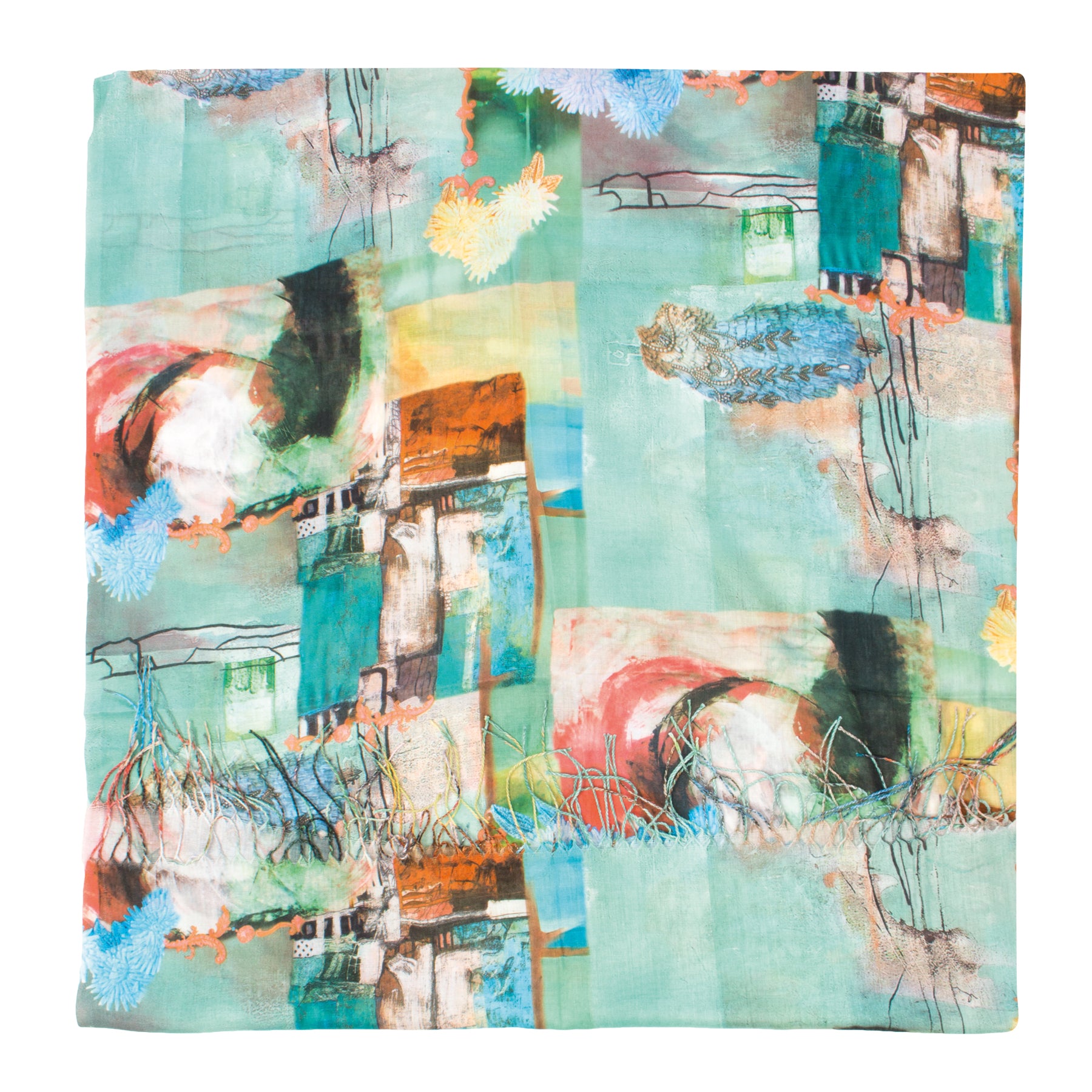 Damen Schal mit farblichen Muster und Fransen - Anela S3 in türkis