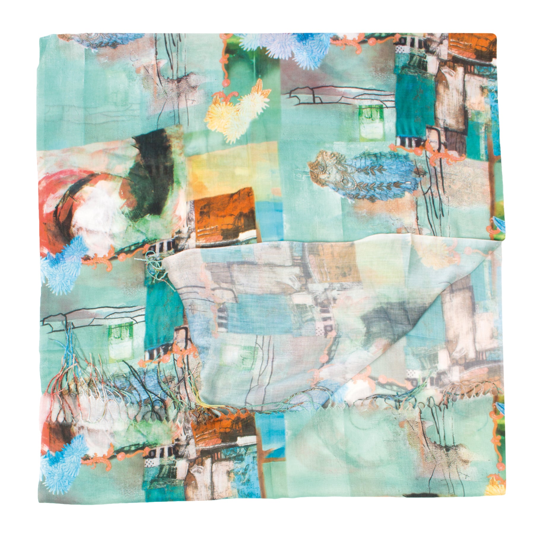 Damen Schal mit farblichen Muster und Fransen - Anela S3 in türkis