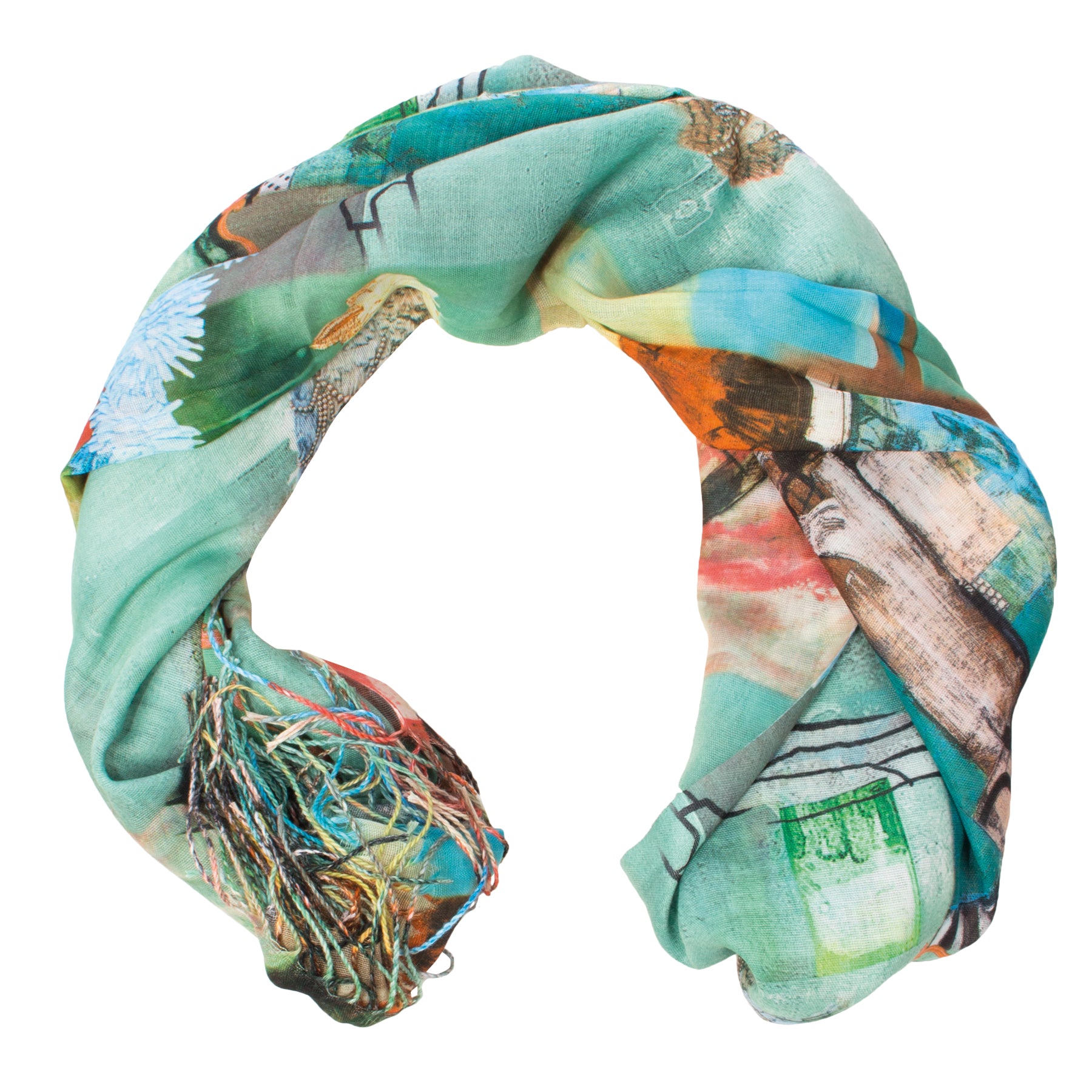 Damen Schal mit farblichen Muster und Fransen - Anela S3 in türkis