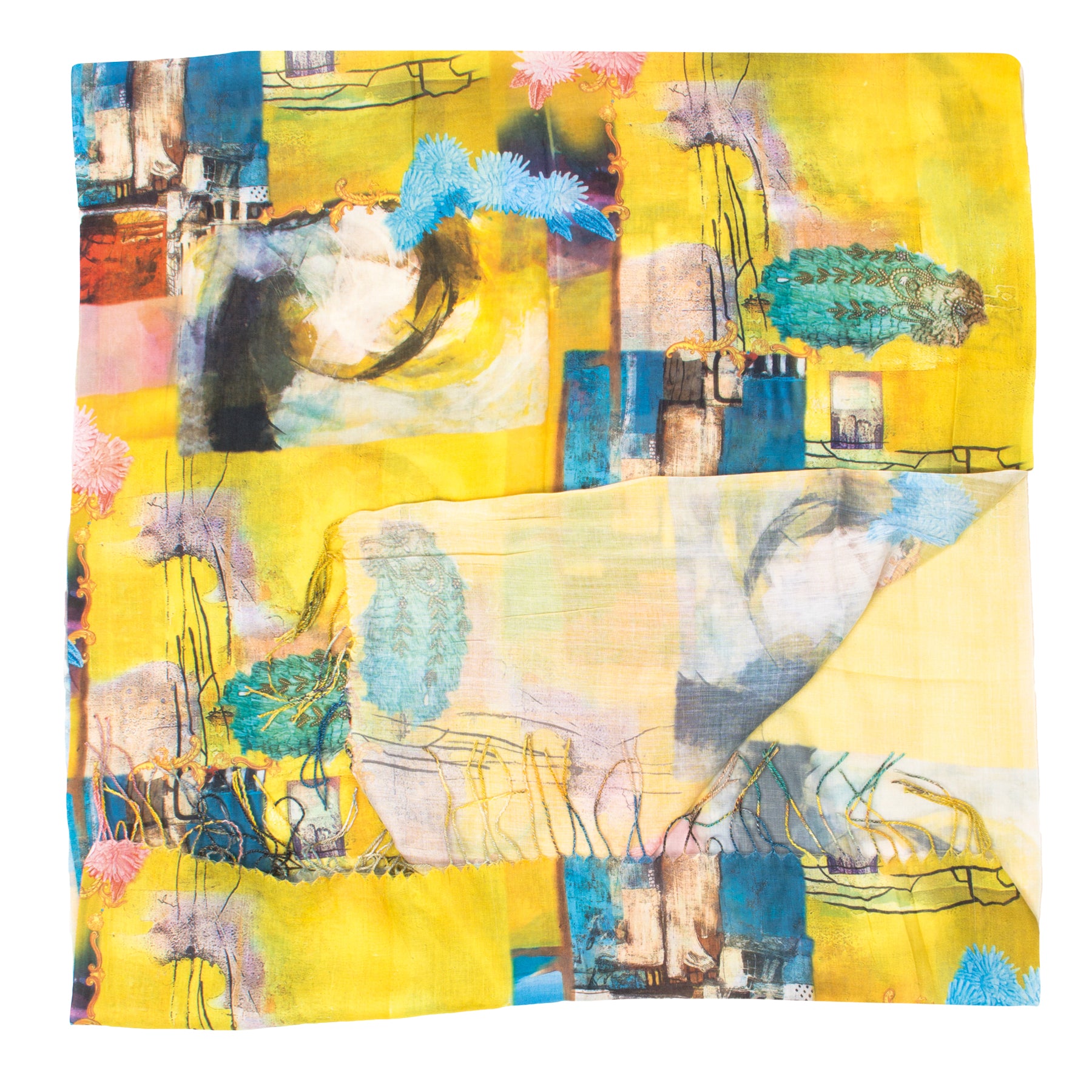 Damen Schal farblich gemustert und mit Fransen - Kalea S1 in gelb