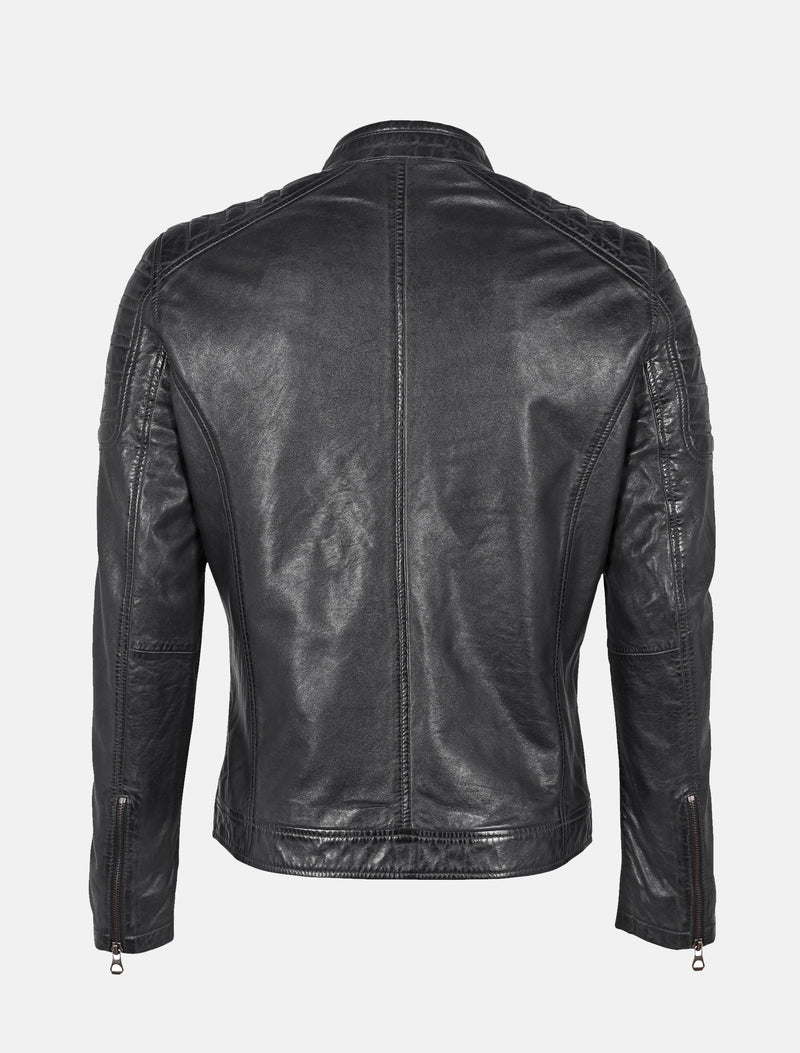 Herren Lederjacke mit Stehkragen und Steppung an Schulter - GMChesto LAORV in schwarz