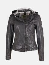 Damen Biker Lederjacke mit schrägem Reißverschluss und Lederkapuze - GWArika LAMAXV in dunkel anthrazit