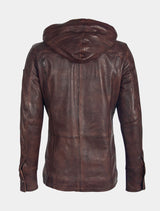 Lange Herren Lederjacke mit abnehmbarer Kapuze und Knopfverschluss - GBEmbri STUV W in kastanien braun