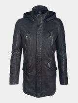 Herren lange Lederjacke Langjacke mit abnehmbarer Kapuze - GMEsmond LCOUNTV W in schwarz