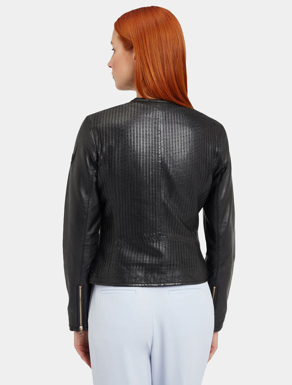 Damen kragenlose Kurzjacke aus perforiertem Leder - GGBlanka LNV in schwarz