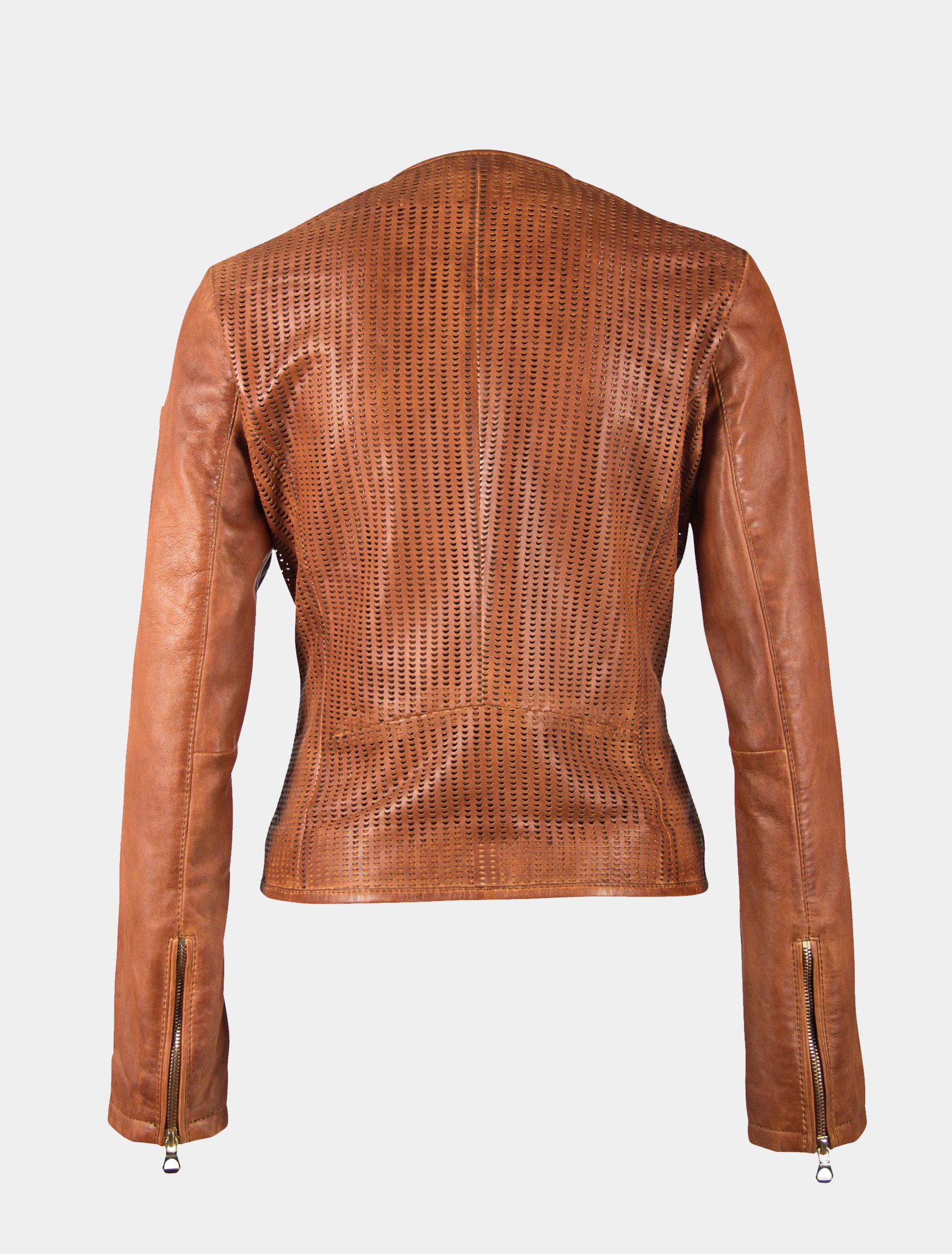 Damen kragenlose Kurzjacke aus perforiertem Leder - GGBlanka LNV in cognac