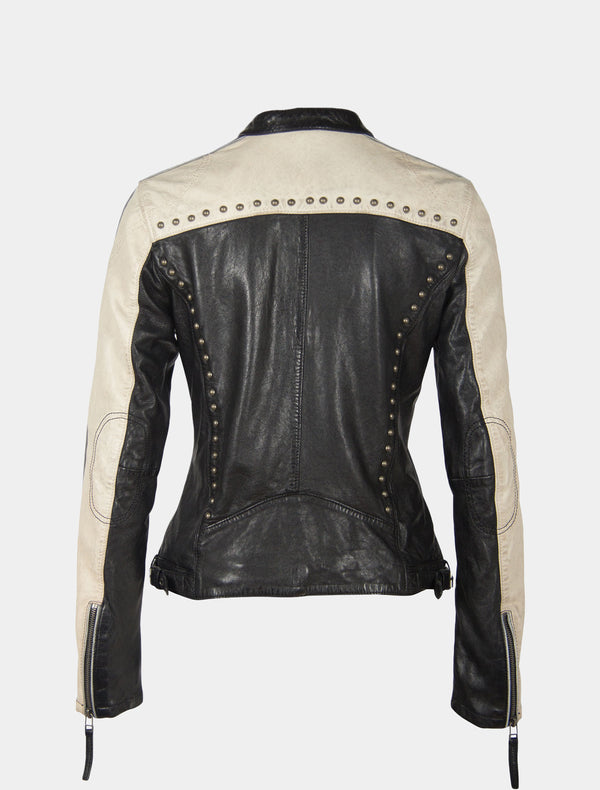 Mehrfarbige Damen Biker Lederjacke mit Patches und Nieten im Racing Look - GGPattie in schwarz und offwhite