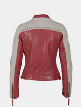 Mehrfarbige Damen Biker Lederjacke mit Patches und Nieten im Racing Look - GGPattie in rot und offwhite