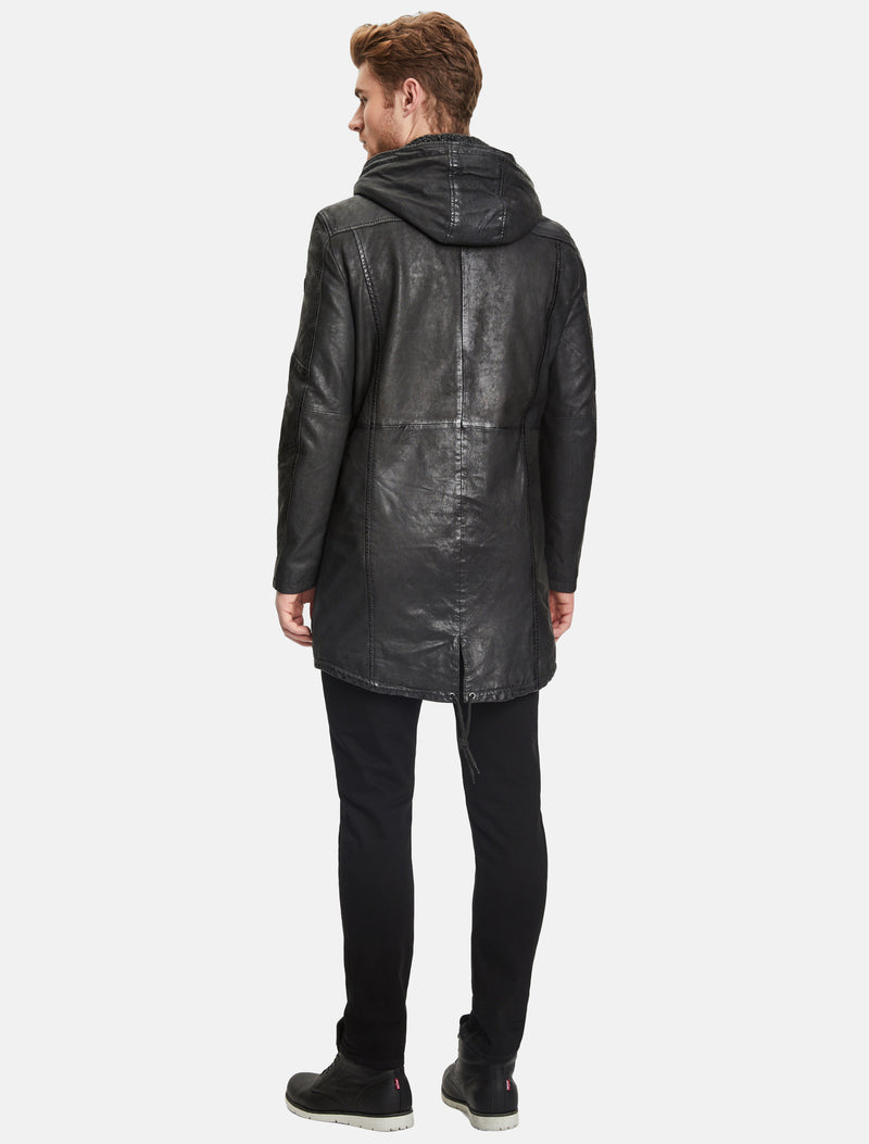 Herren lange Lederjacke Langjacke mit abnehmbarer Kapuze - GMEsmond LCOUNTV W in schwarz
